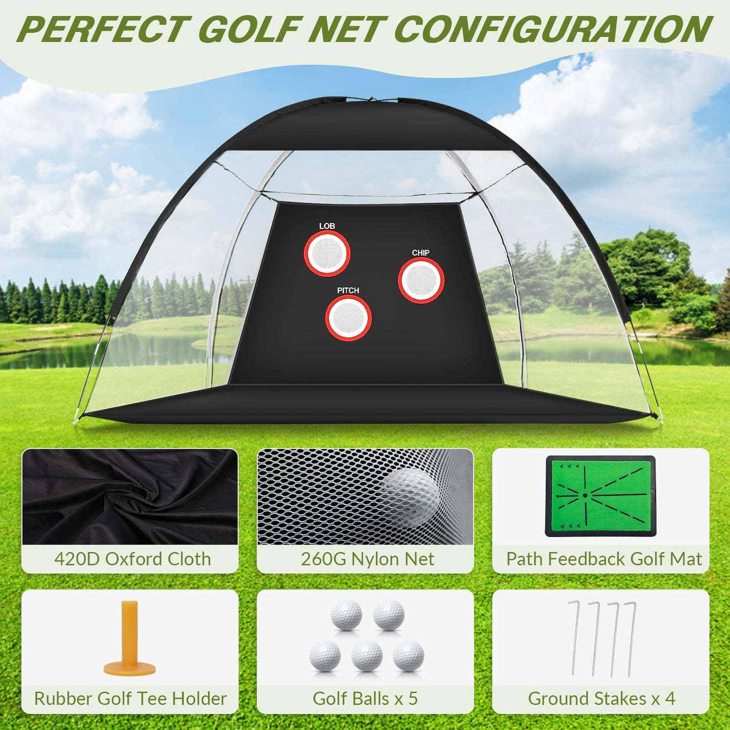 Golf Net, 10x7FT Golf Practice Net with Swing Mat, Golf Hitting Net for Backyard Driving, Indoor/Outdoor Training Chipping Aid Nets with Targets, Gifts for Men/Dad/Him