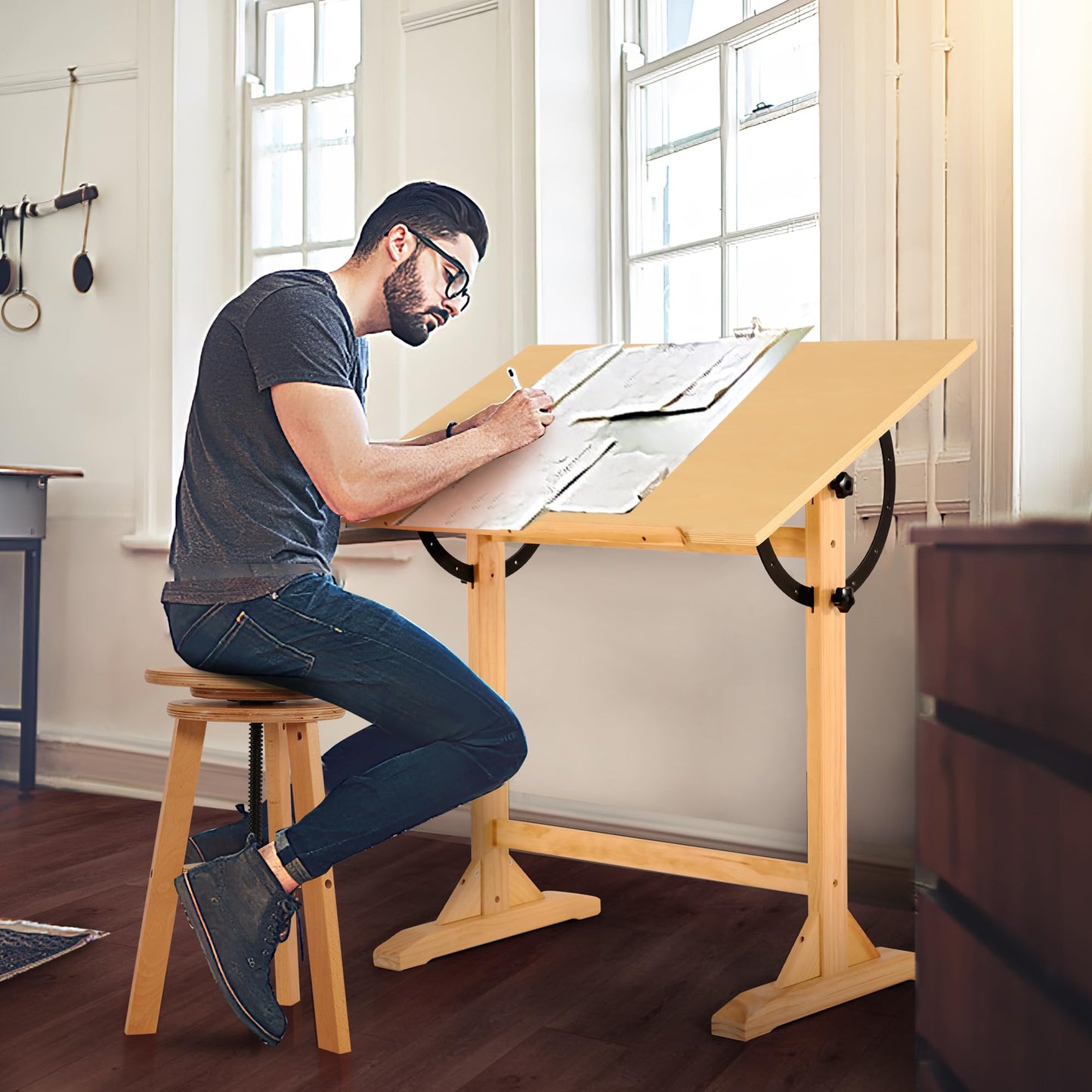 VISWIN Wood Drafting Table for Adults, 24'' x 35" Drawing Table with Adjustable Angle for Art Studio, 34" Height Solid Pine Wood Artist Desk for Drawing, Drafting, Writing, Reading, Sketching