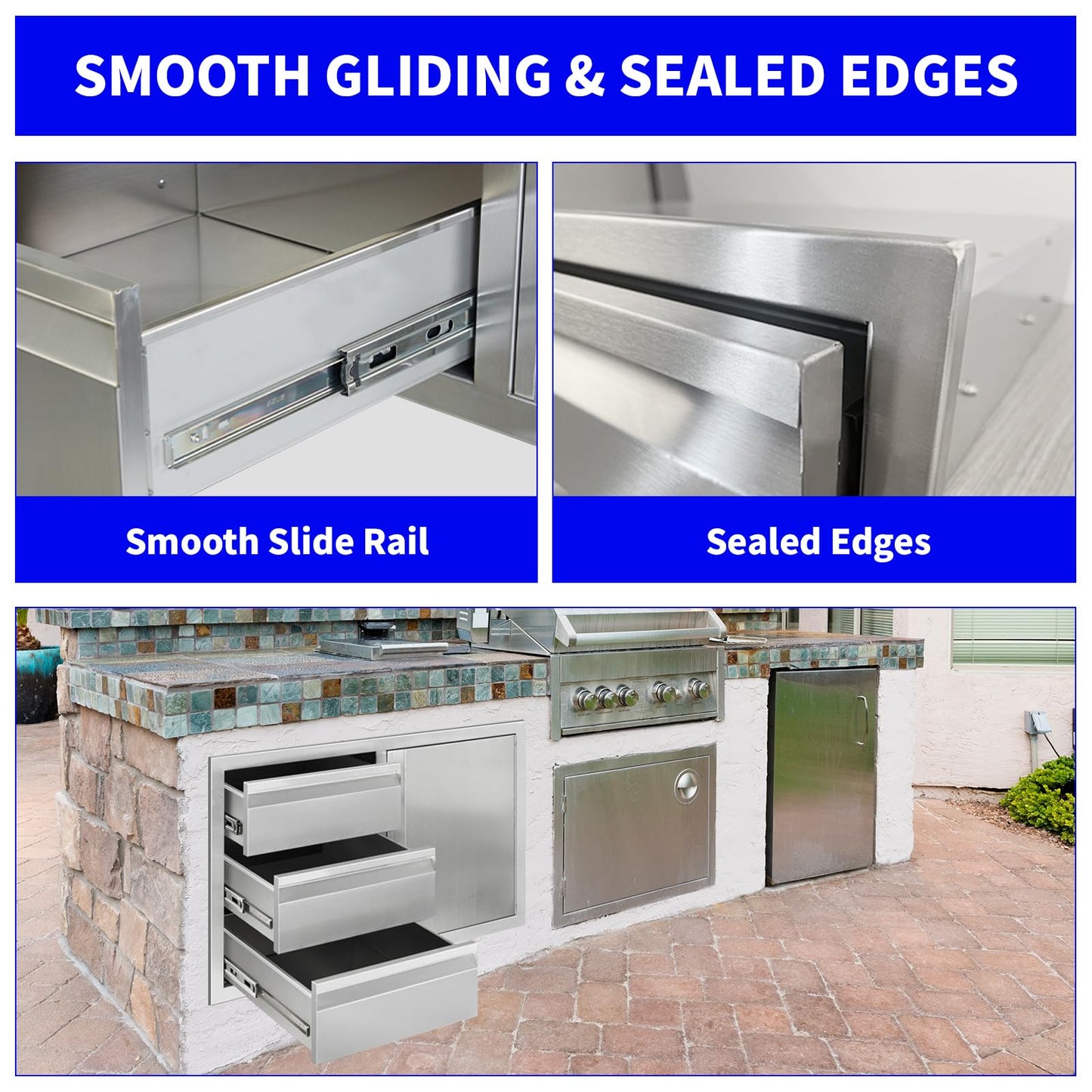 Outdoor Kitchen Door Drawer Combo Cabinet, Triple Drawers & BBQ Access Combo, Stainless Steel with Handles Cabinet for Outdoor Kitchen Island 38.1W x 22.6H x 20.8D (Right Door and Drawer Combo)