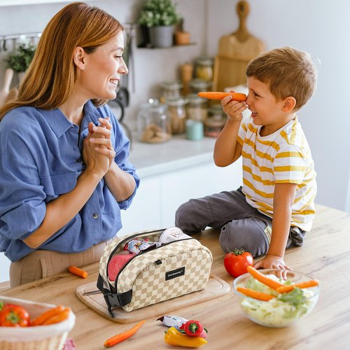 Cerbonny Reusable Lunch Bag, Khaki Checkerboard, 2.5L, Insulated, Leak Proof, Zipper Closure, 2 Compartments, Perfect for Picnic, Work, School, Travel