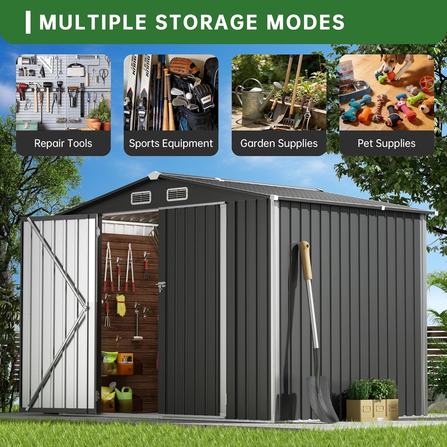 Metal Storage Shed & Outdoor Storage, Outdoor Steel Storages Shed with Sloping Roof, Utility and Tool Garden Sheds for Patio Lawn Yard