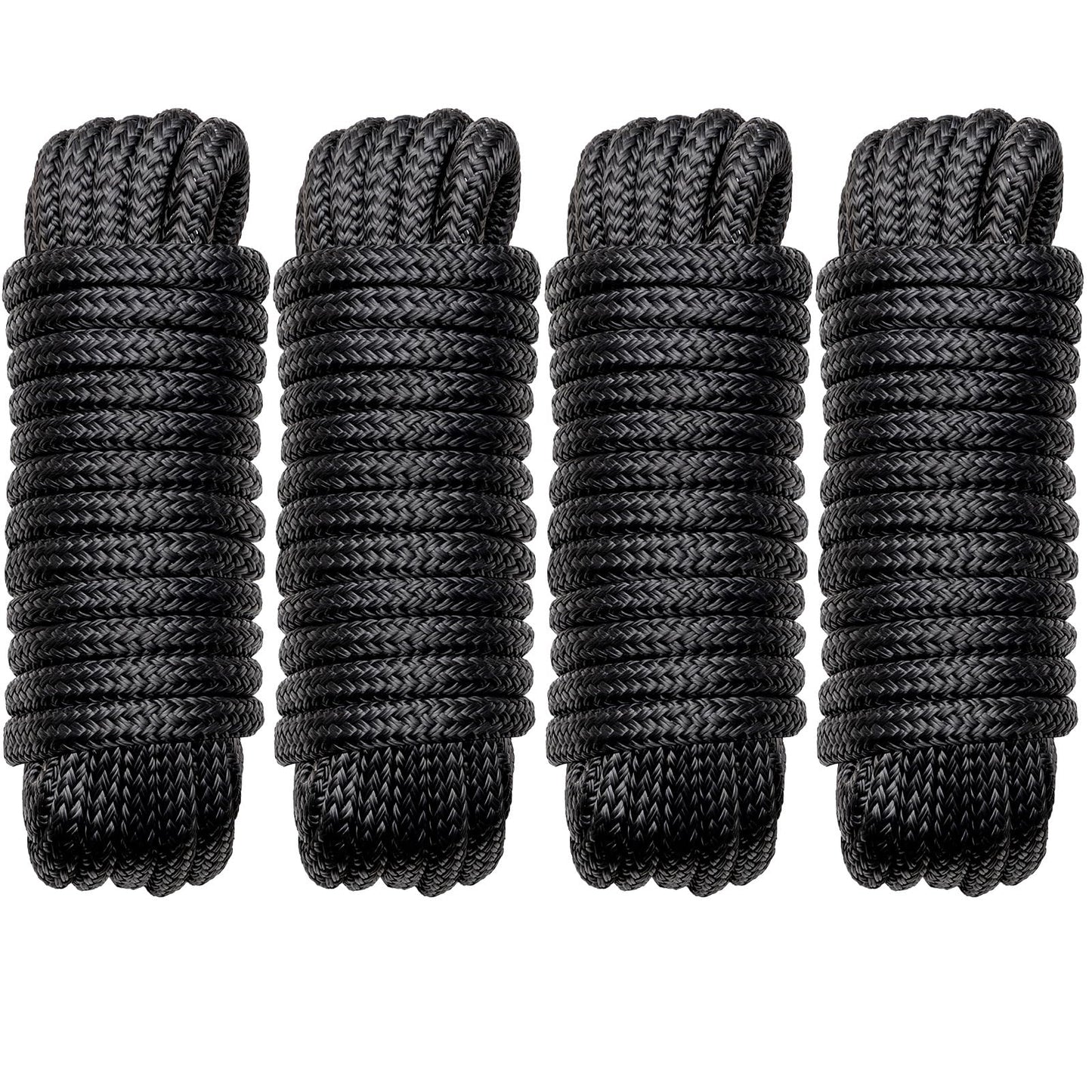Boat Dock Lines Marine Rope - 1/2" x 15ft with Pre-Spliced 12" Loop Double Braided Nylon Ropes Bumper Tie Mooring Line for Boats Docking Pontoon Boating Accessories - 4 Pack Black