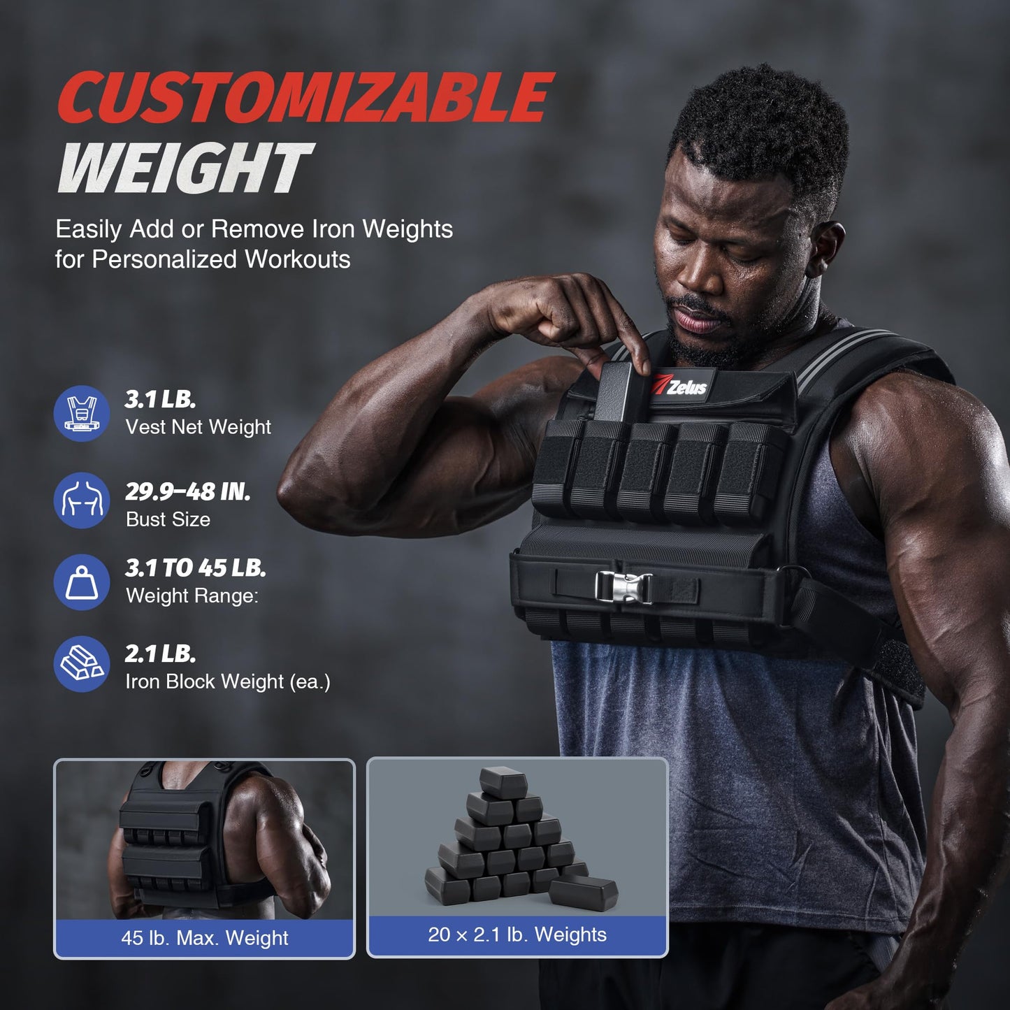 ZELUS Weighted Vest Men, 23lbs/36lbs/45lbs Adjustable Weight Vest with 10/16/20 removable Iron Weights and Reflective Strips, No-Bounce Design for Strength Training, Running, HIIT & Calisthenics