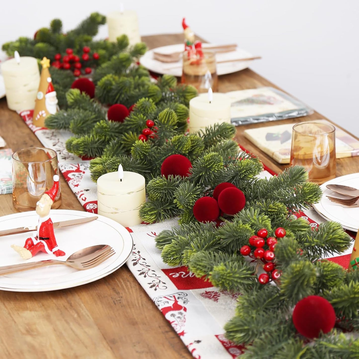 SY Super Bang 6FT Christmas Garland - Artificial Green Decor with Velvet Balls & Red Berries for Holiday Cheer