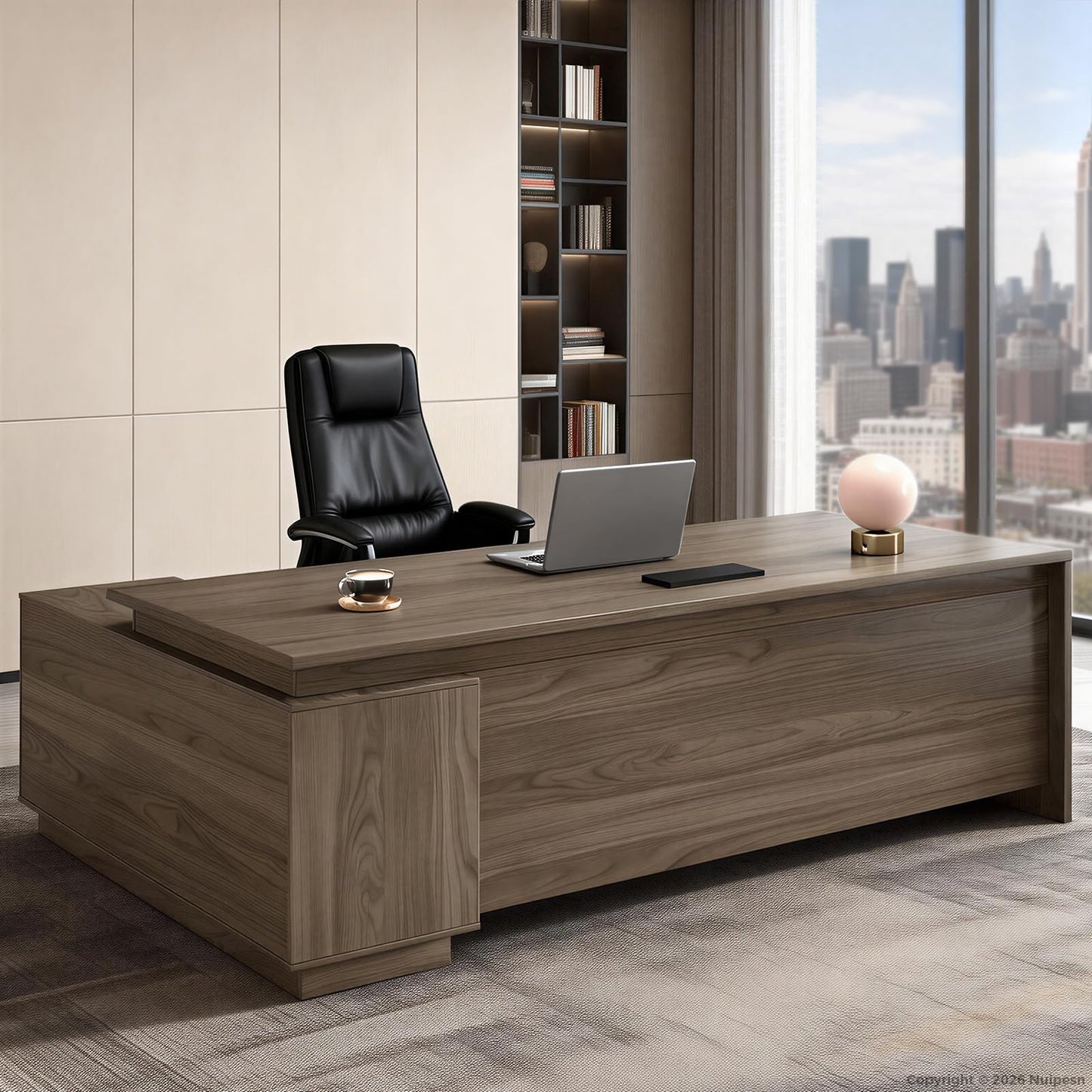 Nuipesn 63" L-Shaped Executive Desk with Reversible Storage Cabinet, Locking Drawers & Cable Management, Modern Office Desk for Home Office or Business Workspace, Black Walnut