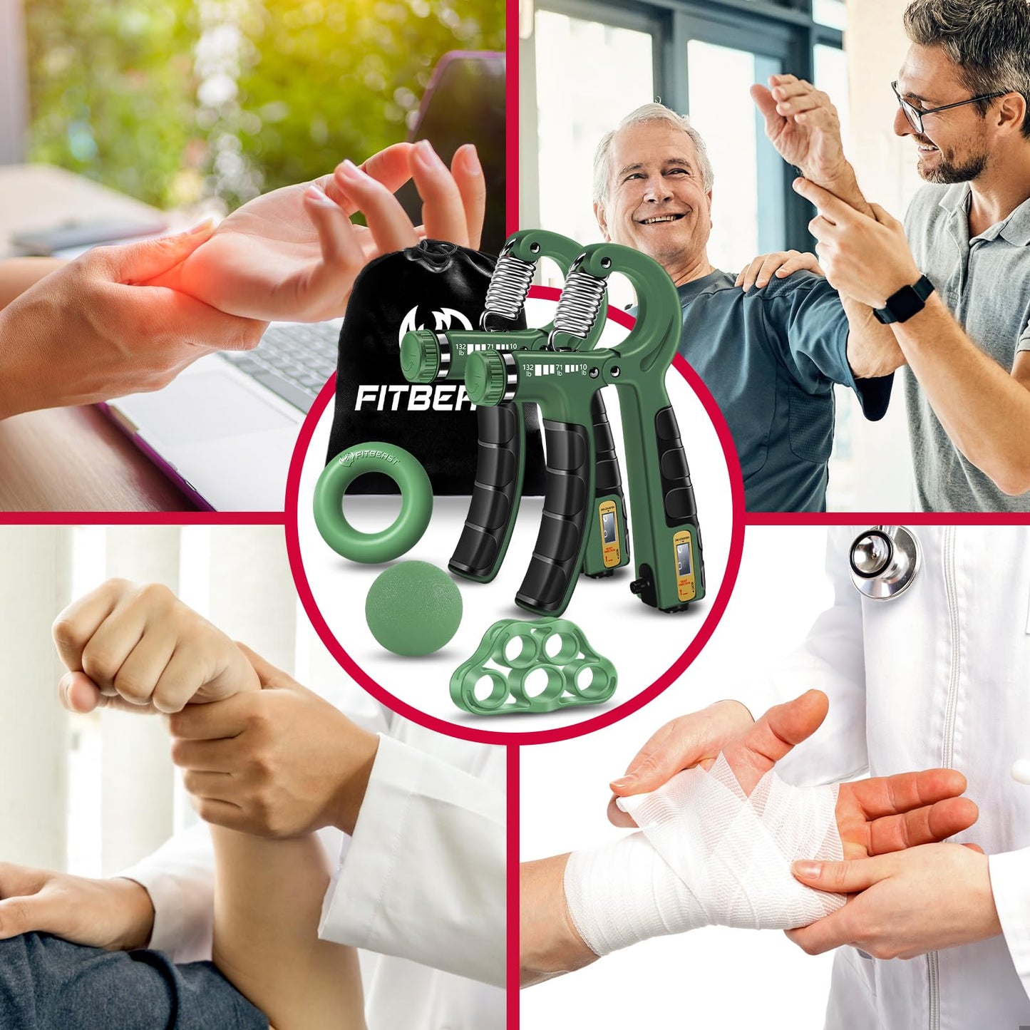 FitBeast Hand Grip Strengthener Workout Kit (5 Pack), 2 Forearm Grip Adjustable Resistance Hand Gripper, Finger Stretcher, Grip Ring & Stress Relief Grip Ball for Athletes, Dark Green