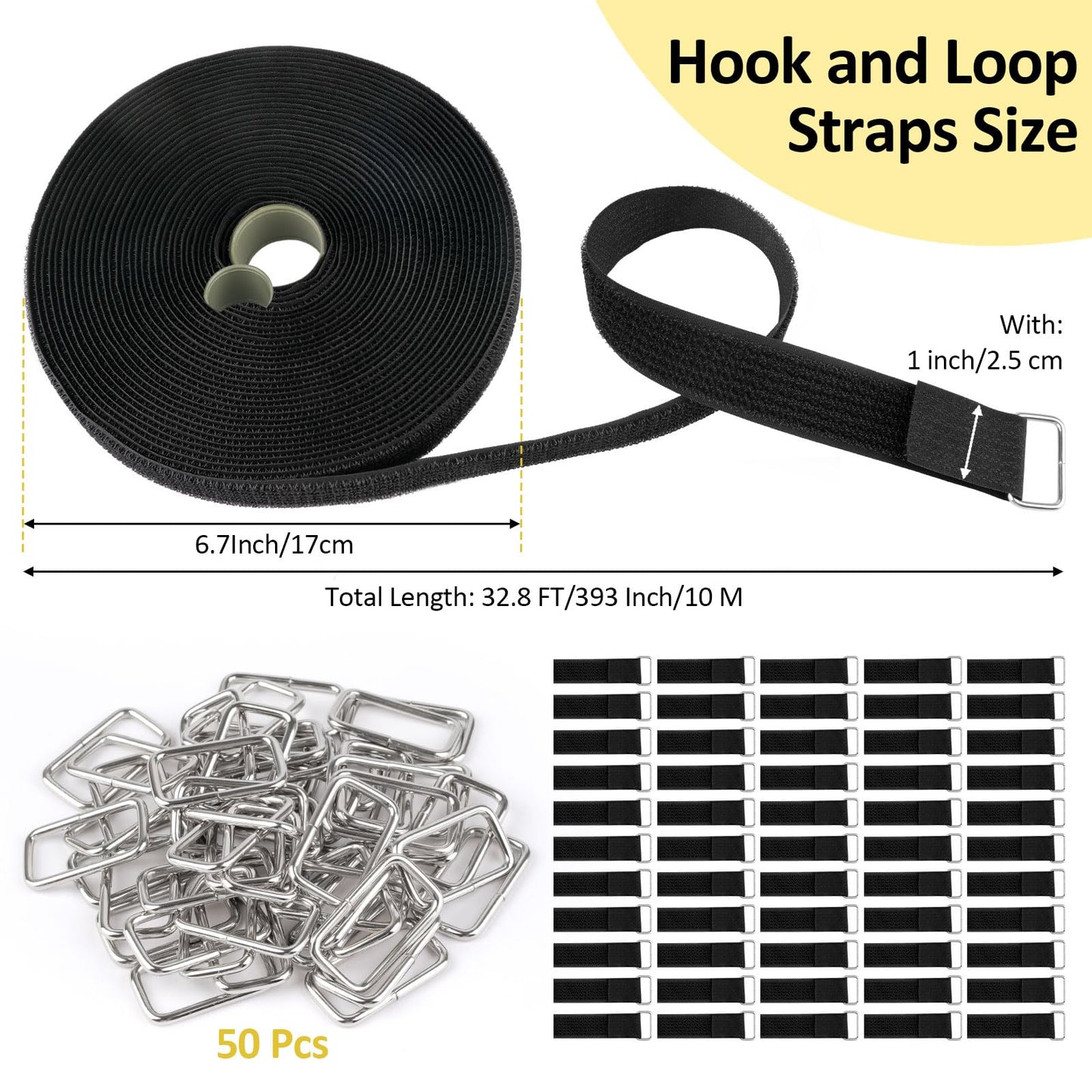 Opvixi Hook and Loop Straps 1inch x 32ft with 50 Metal Buckles, Cut to Length Cinch Straps Heavy Duty, Adjustable Fastening Cable Straps, Reusable Nylon Securing Cord Ties for Organizer, Black