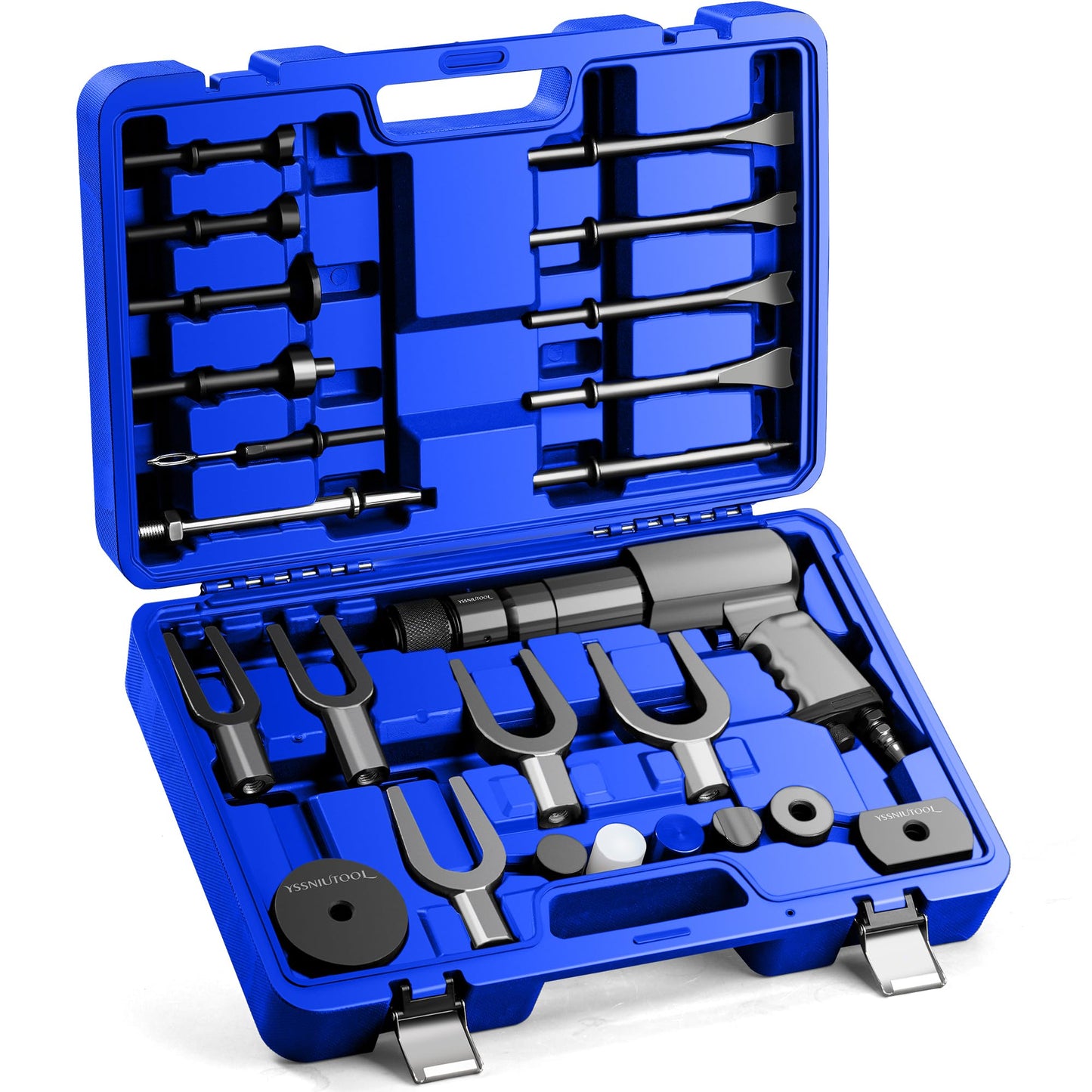 25PCS Multi-functional Pneumatic Hammer Piece Chisel Set, Air Hammer Kit, 2100 BPM Quick Change Retainer Air Hammer with Shovel Heads, Ball Joint Separator Set, Air hammer Bits (Blue)