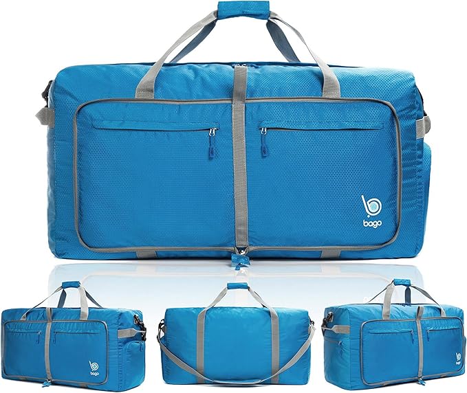 Bago Large Foldable Duffel Bags for Traveling Women & Men - 120L Packable Duffle Bag for Travel with Shoe Compartment - Water Repellant, Heavy Duty, Lightweight Folding & Collapsible (Blue)