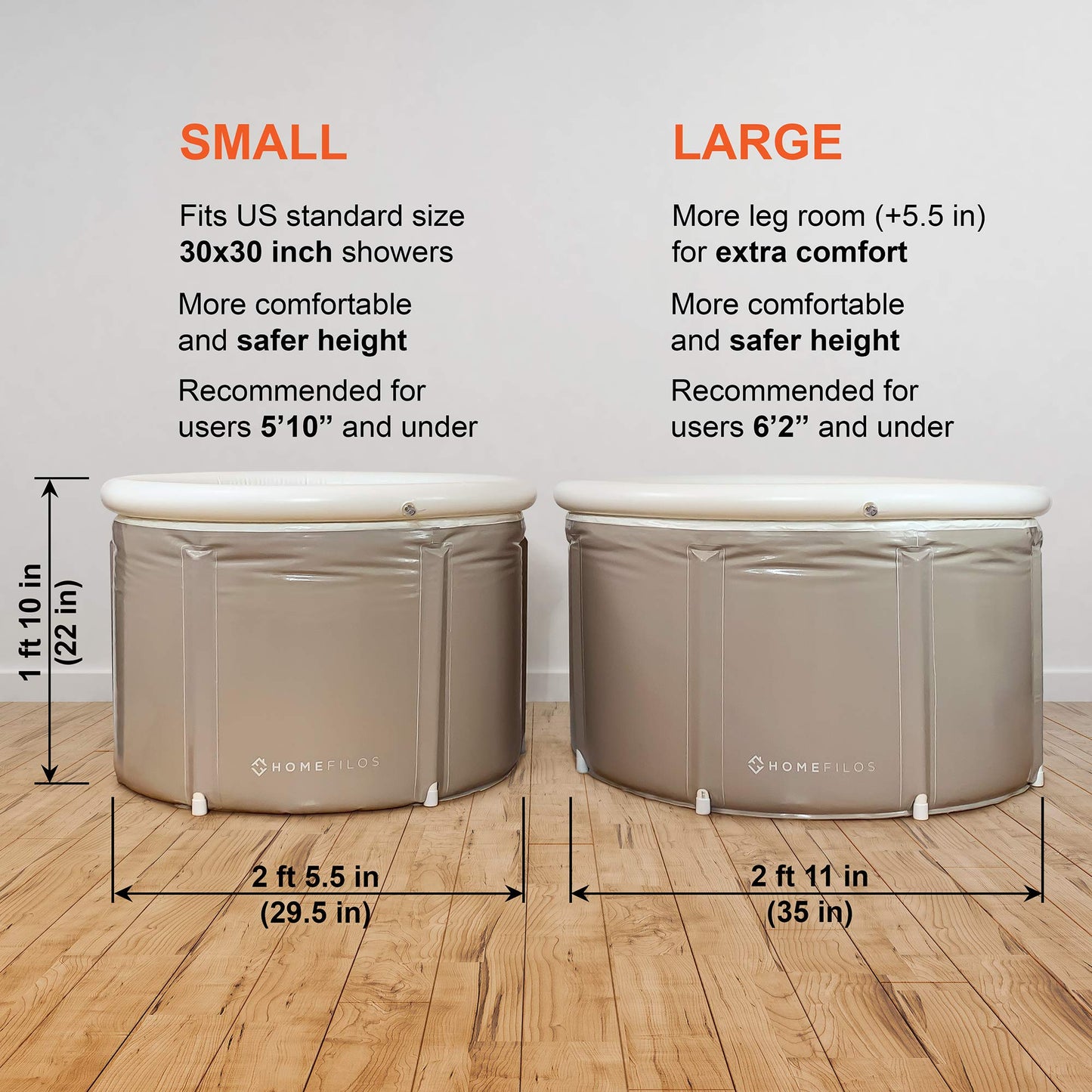 Portable Bathtub (Small) by Homefilos, Ice Bath and Cold Plunge for Athletes, Inflatable Adult Size Japanese Soaking Hot Tub for Shower Stall
