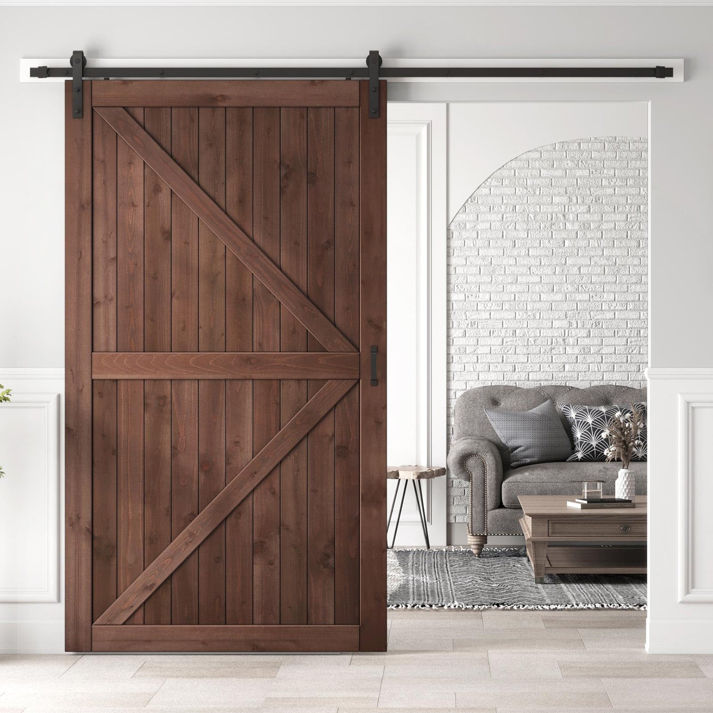 ROYMELO 54x96 inch Sliding Barn Wood Door Slab with 9ft Hardware Kit and Handle, Coffee, K Shape, Simple DIY Assembly