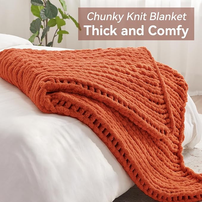 Negwoo Chunky Knit Throw Blanket, 30''*40'' Fall Throw Blanket Knitted Chenille Yarn for Bed Couch, Handmade Orange Crochet Big Thick Blanket, Machine Washable Cute Comfy Blankets for Home Decor