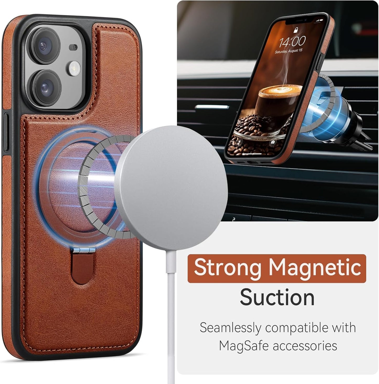 12/12 6.1", for iPhone Pro Case with Stand, Compatible with MagSafe, Slim PU Leather & TPU Drop-Proof Protective