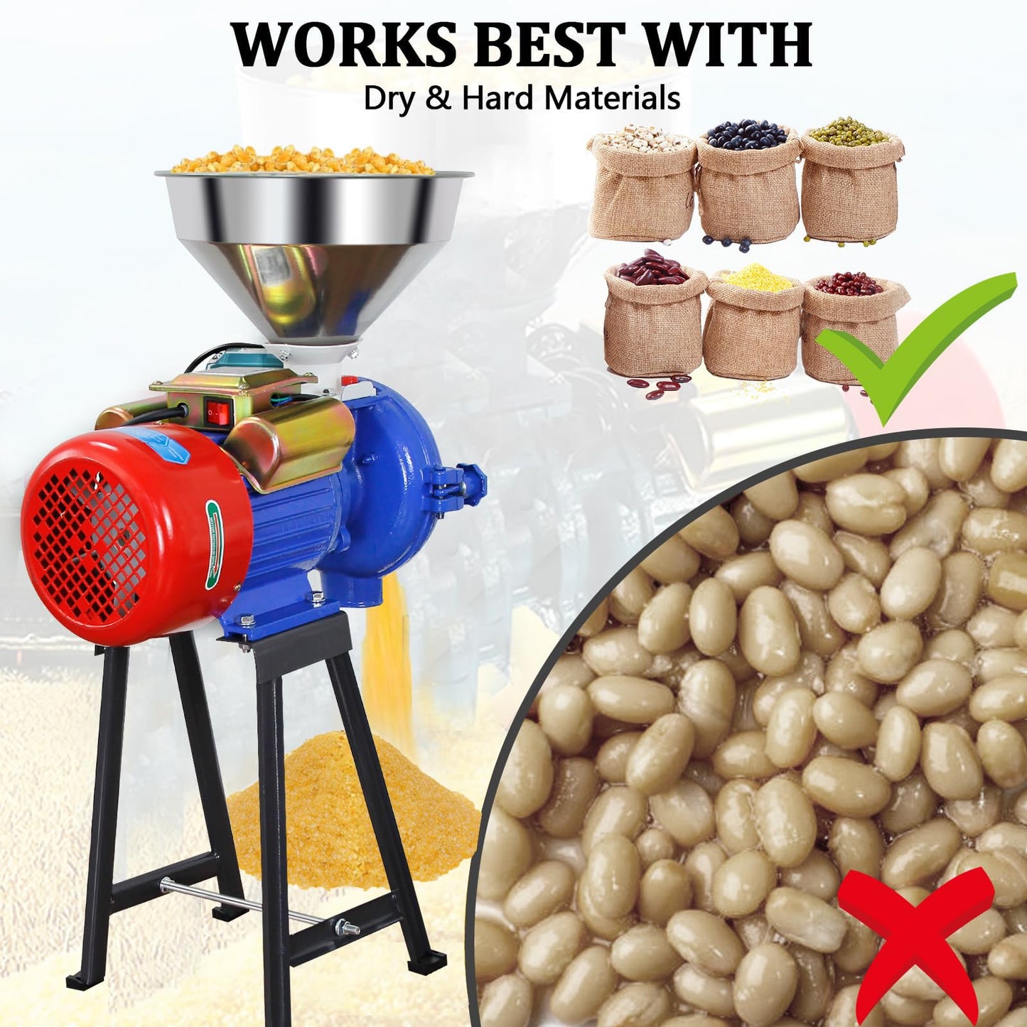 XYJBHB 3000W Electric Grain Mill Grinder, Commercial Corn & Spice Grinder with Adjustable Thickness, Heavy Duty Dry Feed Flour Mill for Wheat, Rice, Herbs, and Pepper– 110V, Dry Use