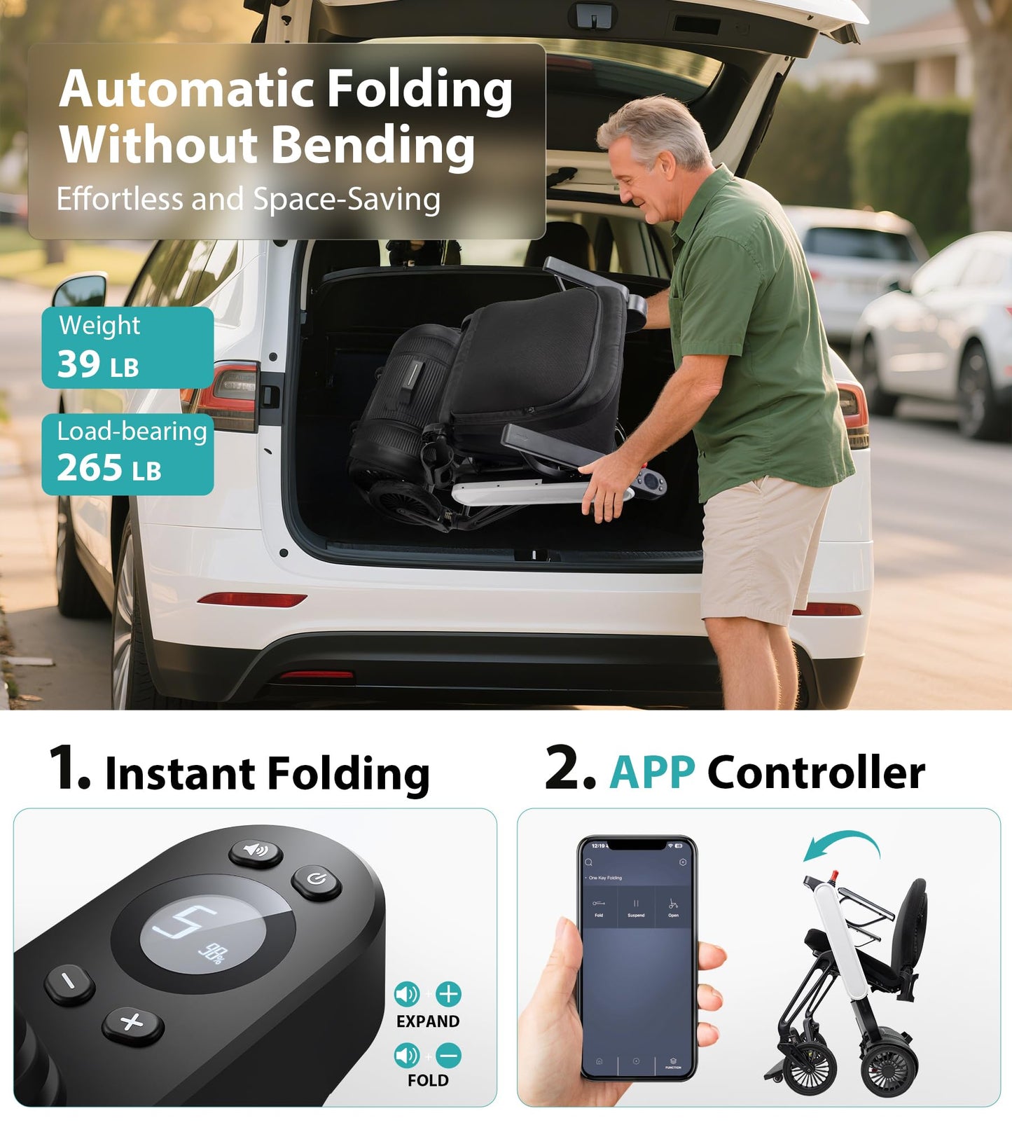 Goldseason Auto Folding Electric Wheelchairs for Adults - Smart APP Remote Control, 15 Miles Range Ultra Lightweight Motorized Wheelchair with Display Screen & Removable Battery, Airline Approved