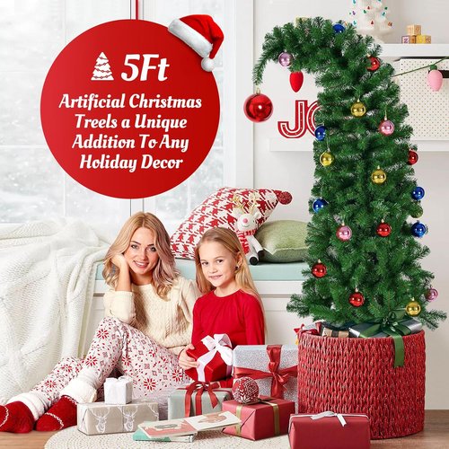 Hatisan 5FT Artificial Christmas Tree - Bent Green Design with Ball Ornaments & Metal Base for Holiday Decor