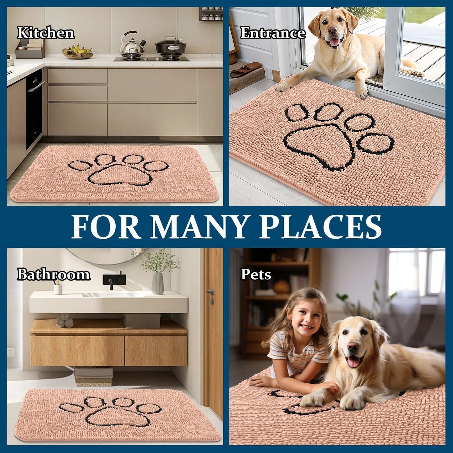 OLANLY Dog Door Mat - Absorbent Non-Slip Mud Mat for Paws | 30x20 Peach Chenille Design