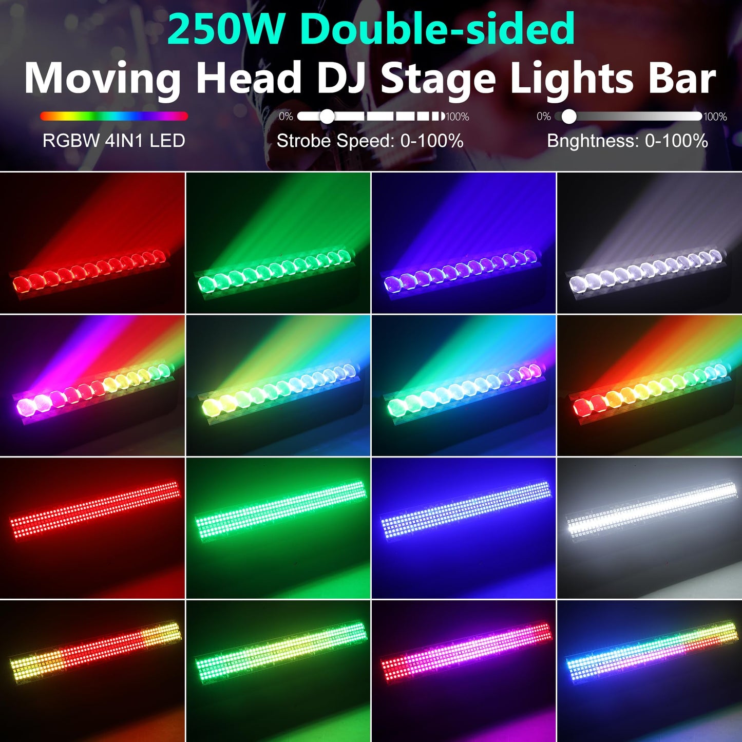 ENDYSHOW Moving Head DJ Light Bar,250W 4IN1 RGBW Wash&Strobe Light Bar 360° Double-Sided Moving Head Stage Lights with DMX512/Sound/RDM Professional DJ Uplights for Party Wedding Band Gig Disco 1Pack