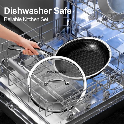 FogDream Non Stick Frying Pans, 10 Inch Stainless Steel Skillet with Tempered Glass Lid Tri-Ply Stainless Steel for All Cooktops, Dishwasher & Oven-Safe Cooking Pan, Stay-Cool Handle, Silver