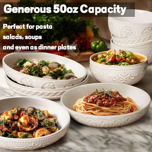 Artena Large Pasta Bowls Set of 4 - 50oz White Ceramic Salad & Soup Bowls | Microwave & Dishwasher Safe