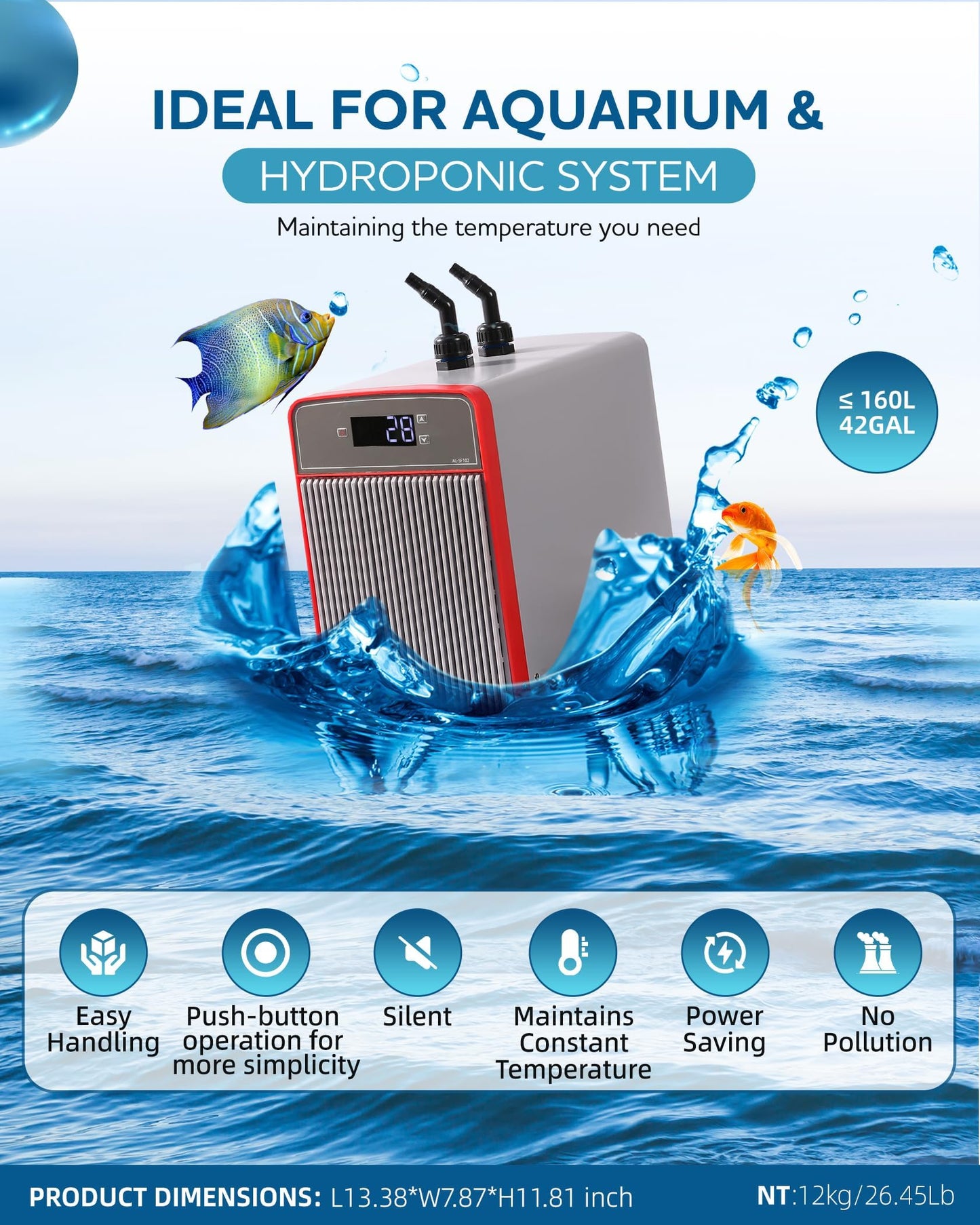 Erfolkerz 1/10 HP Aquarium Chiller– 42gal (160L). for Axolotls, Fish Tanks, hydroponics. Sea & Fresh Water Compatible. Includes Pump, nozzles & Hoops. Ideal for Coral & Shrimp 110V