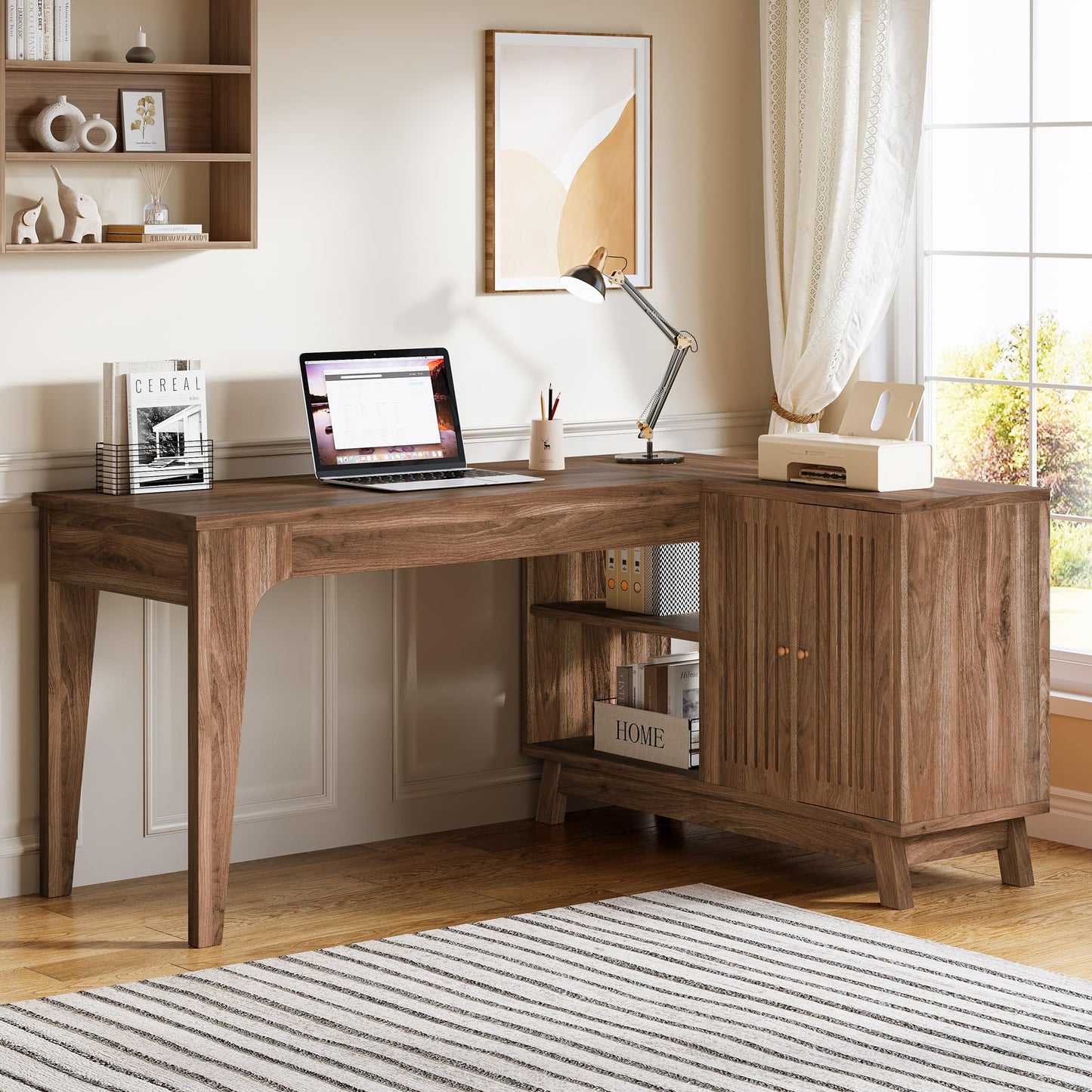 Tribesigns L-Shaped Desk with Storage Cabinet, 57-Inch Wood Corner Workstation, Home Office Computer Desk, Study Writing Table for Bedroom, Walnut