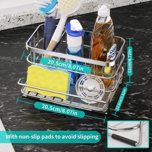 HapiRm Kitchen Sink Organizer - Rustproof SUS304 Stainless Steel Caddy with Sponge Holder | Large Silver Design