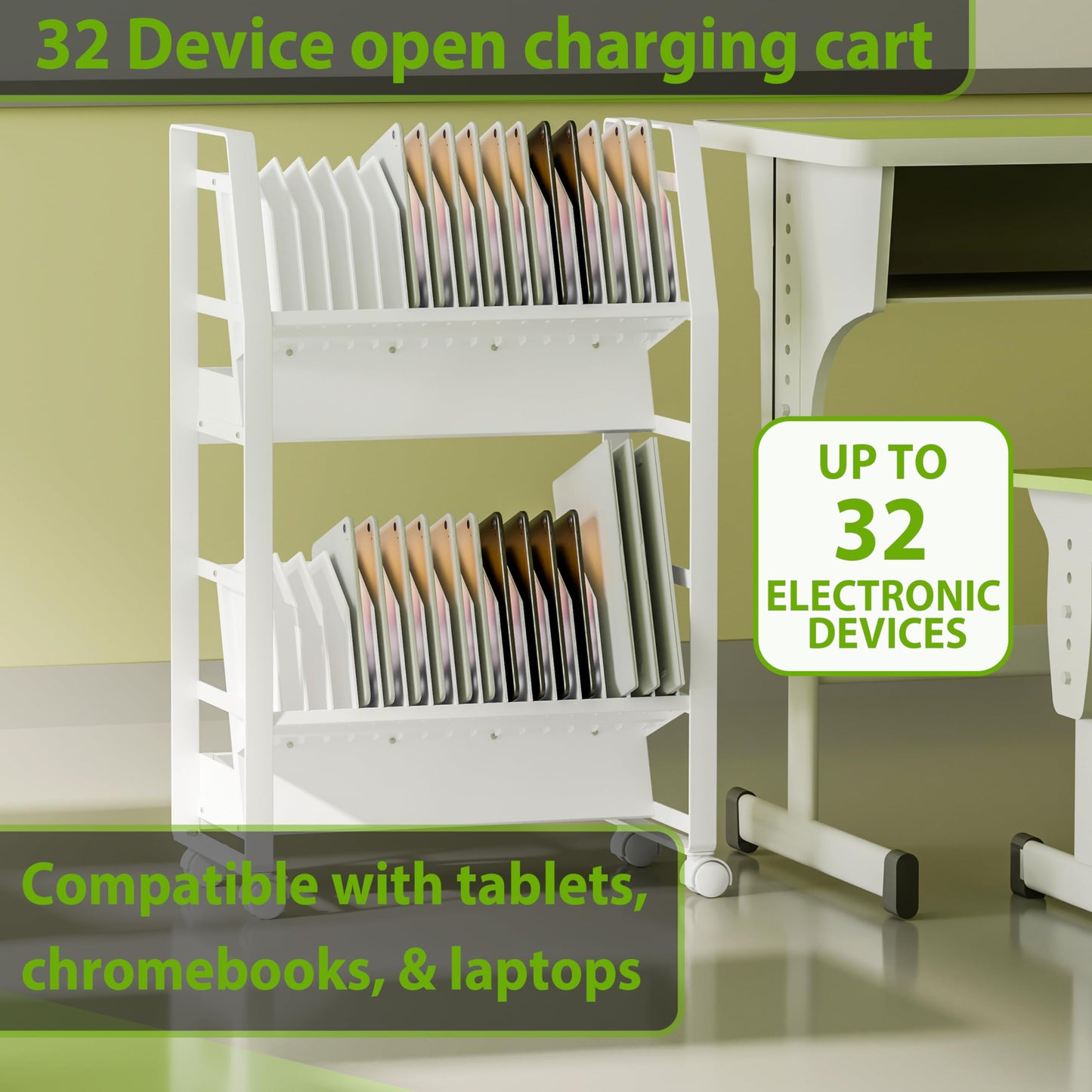 Chromebook Cart, Mobile Chromebook Charging Cart for iPads,Laptop Charging Cart , Chromebook Charging Station for Classroom, Compatible with Any Screen SizeEquipped with a 32-bit socket power strip.