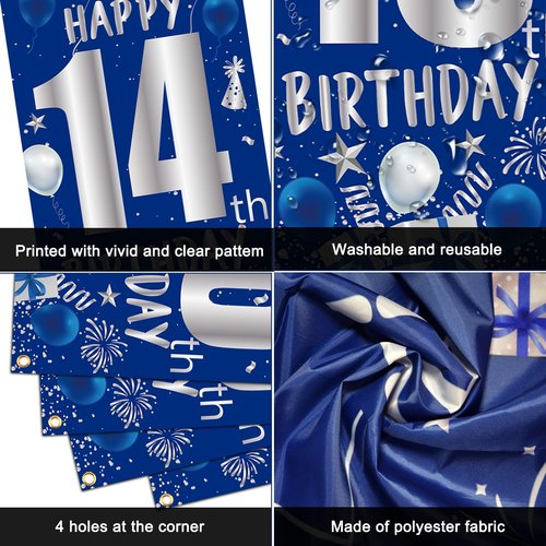 14th Birthday Decorations for Boys Girls, Blue Silver Happy 14th Birthday Party Decorations Supplies - Happy 14 Birthday Backdrop Banner Tablecloth Triangle Flag Balloons for 14 Year Old Bday Party