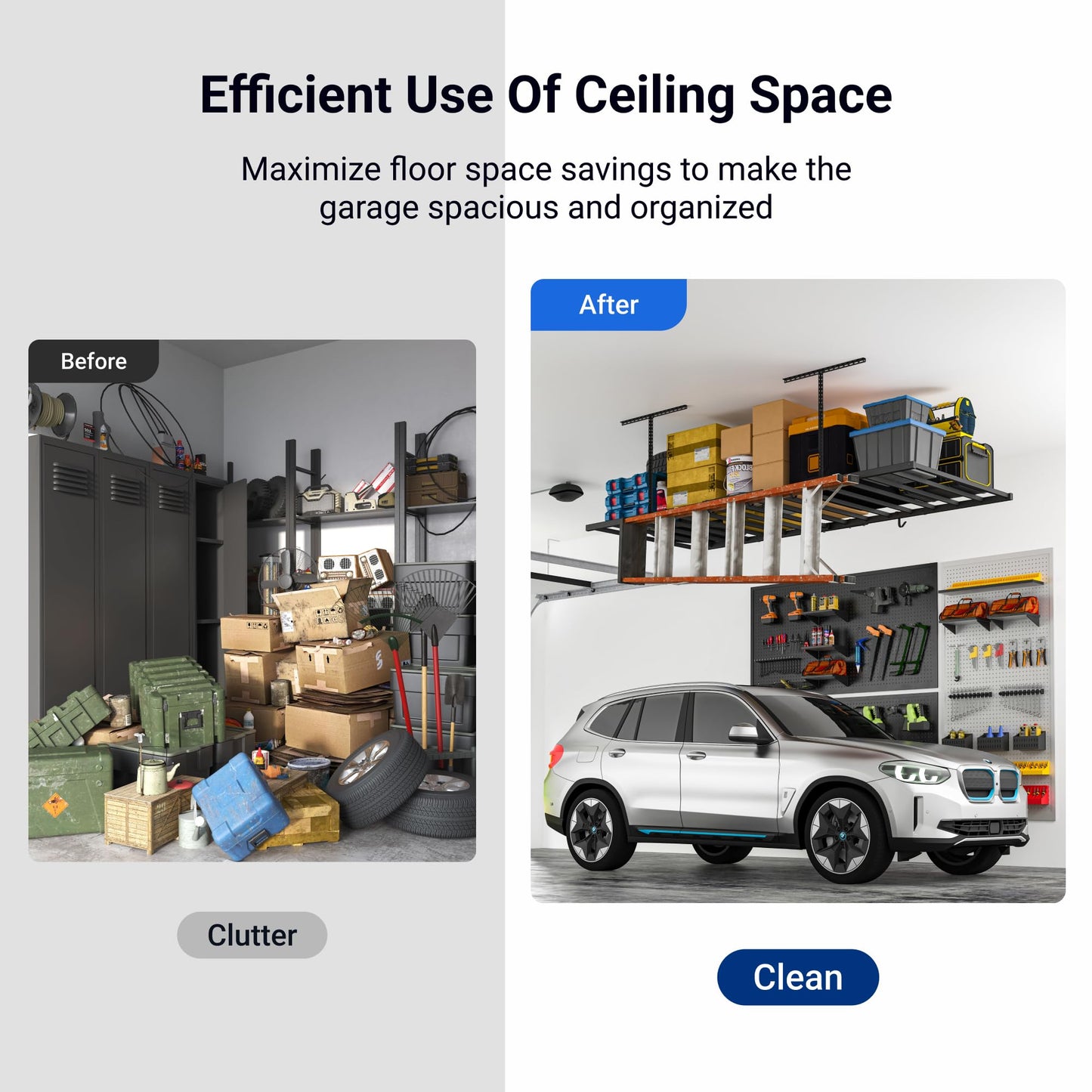 FLEXIMOUNTS 4x8 Overhead Garage Storage Rack with 6 Hooks, Adjustable Storage Organization System, Heavy-Duty Metal Ceiling Racks, 22.6" -39.4" Ceiling Dropdown, Black, Lite Series