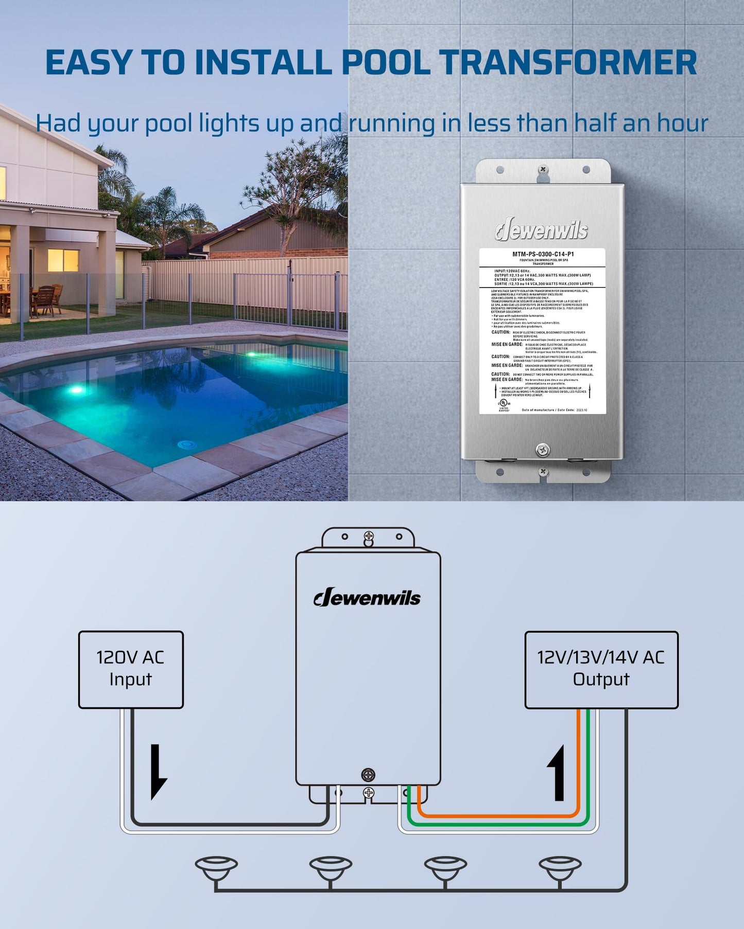DEWENWILS Low Voltage Pool Light Transformer, 120V AC to 12V/13V/14V AC, Multi-tap Safety Transformer