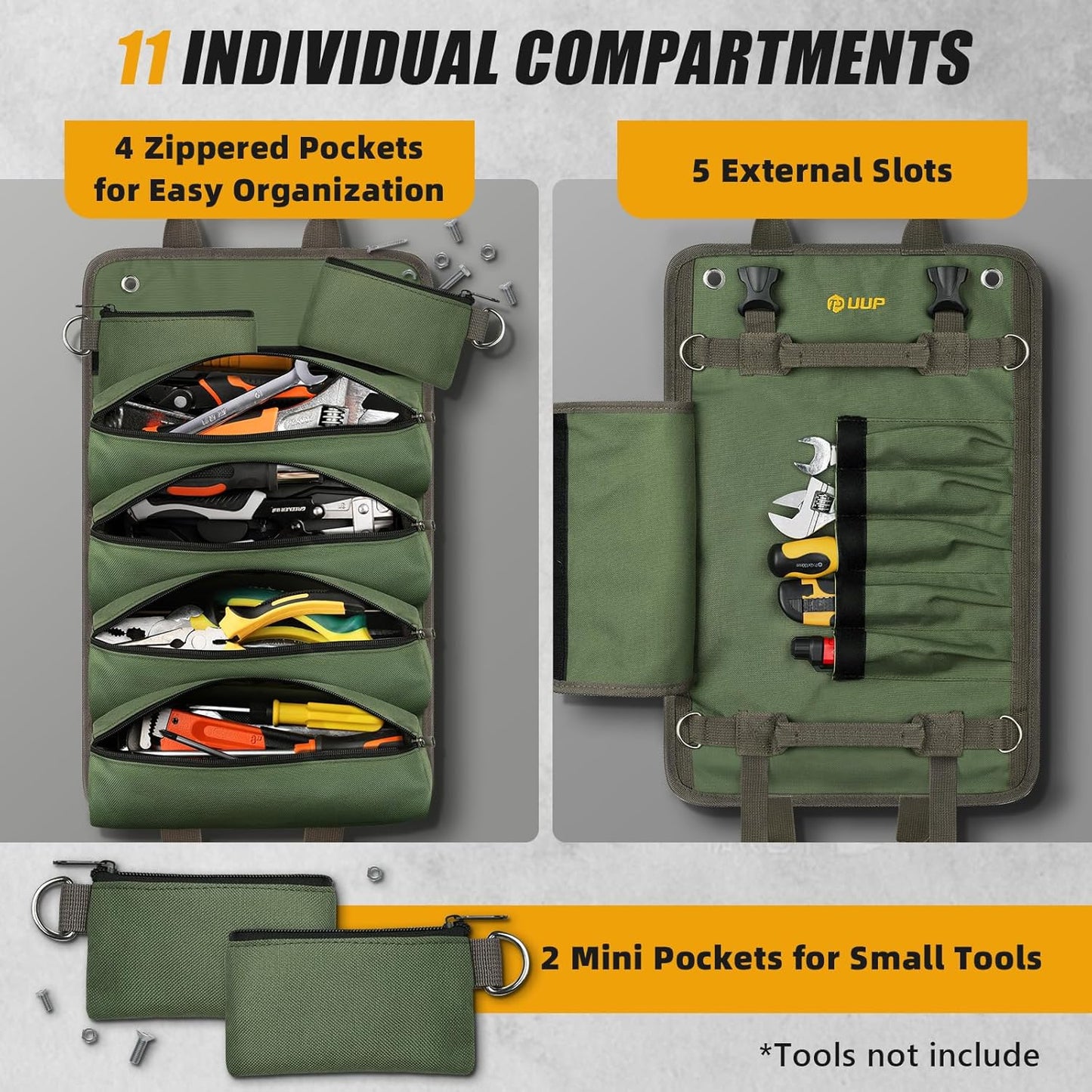 UUP Heavy Duty Tool Bag Roll Up - Portable Foldable Organizer with Pockets | Green, Perfect for Mechanics & Gifts for Dad
