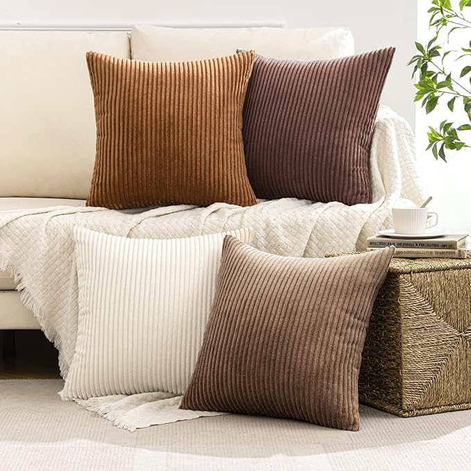 MIULEE Boho Farmhouse Throw Pillow Covers 20x20 Inch Set of 4 Rustic Mordern Neutral Cushion Covers Soft Corduroy Nordic Home Decor for Couch Bed Sofa Living Room Brown
