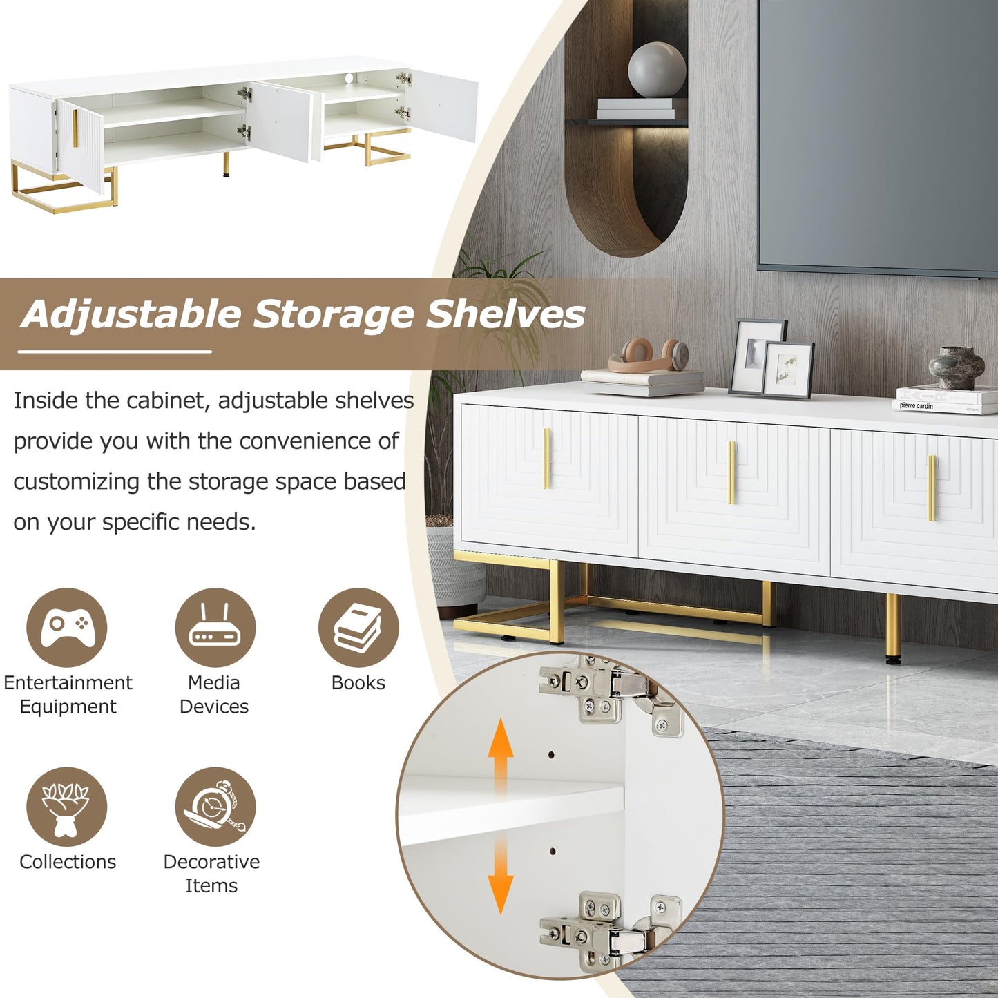 Ball & Cast Modern TV Stand with Storage Cabinets for TVs up to 80", Luxury Media Console w/Metal Legs & Gold Handles,Geometric Lines & Adjustable Shelf,Entertainment Center for Living Room,White