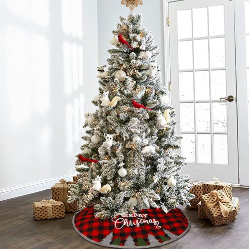 Juegoal 32-Inch Christmas Tree Skirt - Soft Red and Black Plaid Mat for Festive Holiday Decor