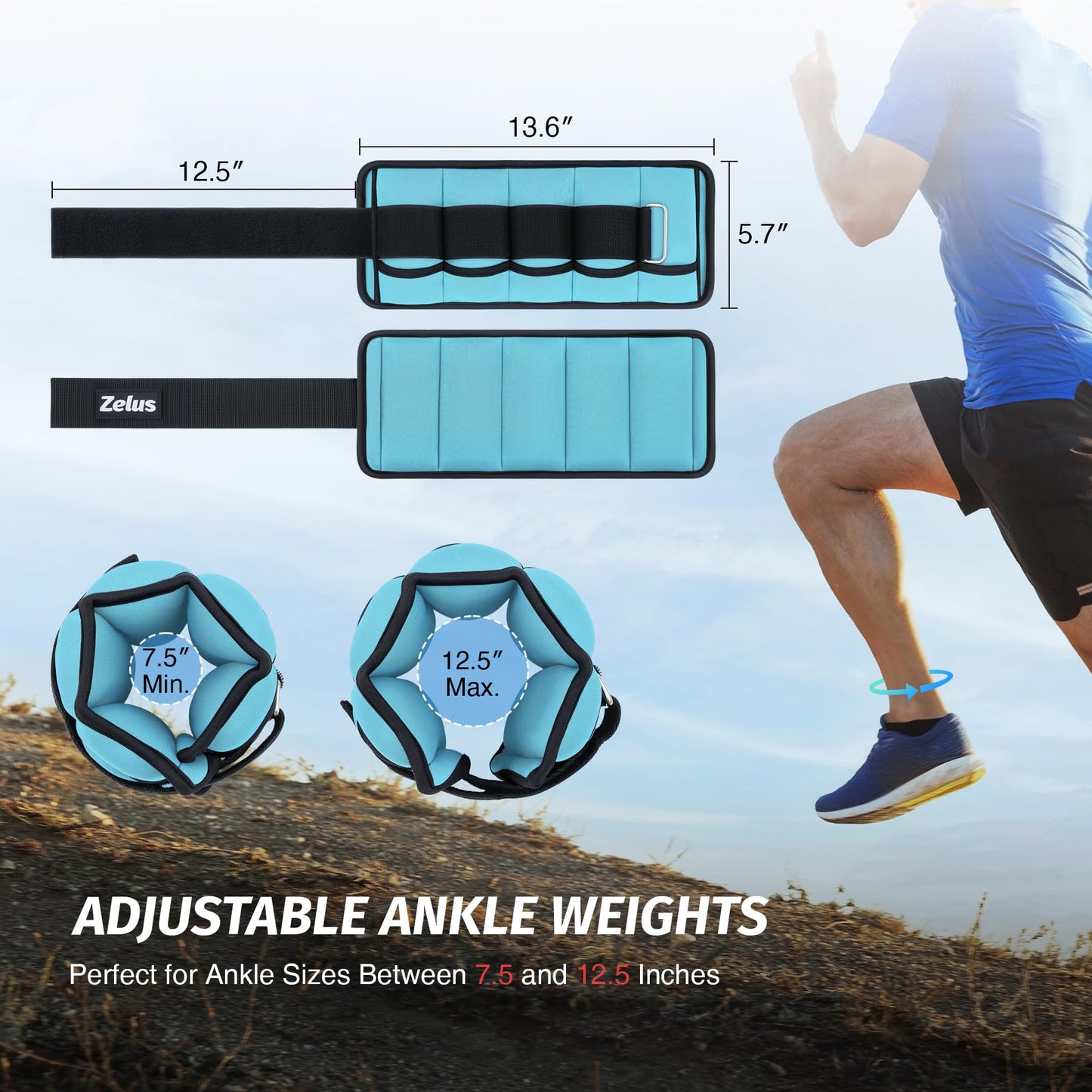 ZELUS 1 Pair Adjustable Ankle Weights, 10 lb Modularized Leg Weight Straps for Women Men, Weighted Ankle Weight Set with Removable Sandbags, 1-5 lb per Ankle Strap for Gym Yoga Jogging Walking, Blue