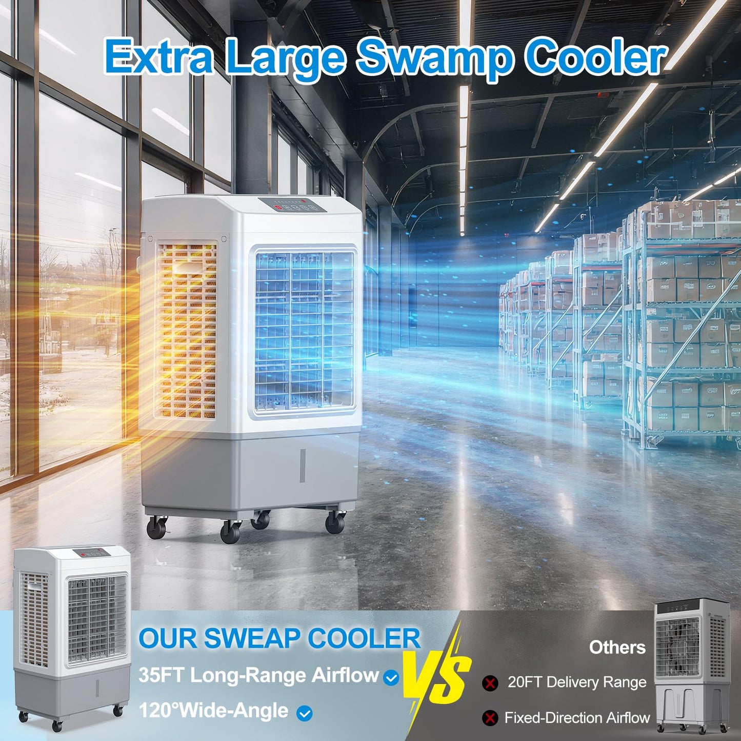 Large Windowless Portable Air Cooler, 3 in 1 Evaporative Swamp Cooler with Remote, Hoseless Ventless Fan Ac Unit, 7H Timer, 8 Gal Water Tank, 4 Ice Box for Garage, Bedroom Home Outdoor