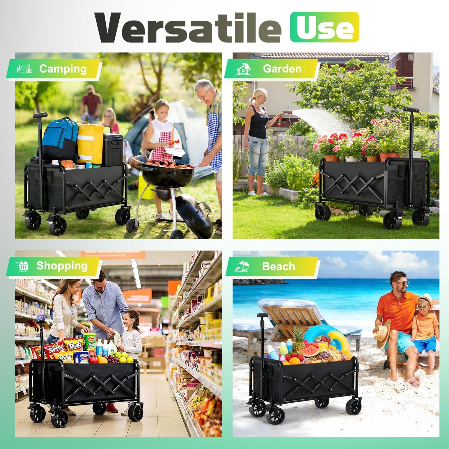 Collapsible Wagon Cart with Wheels Foldable - 360lbs Heavy Duty Folding Cart Utility Lightweight Portable Wagons with 360°Swivel Brakes Wheels for Groceries Shopping Beach Camping Garden