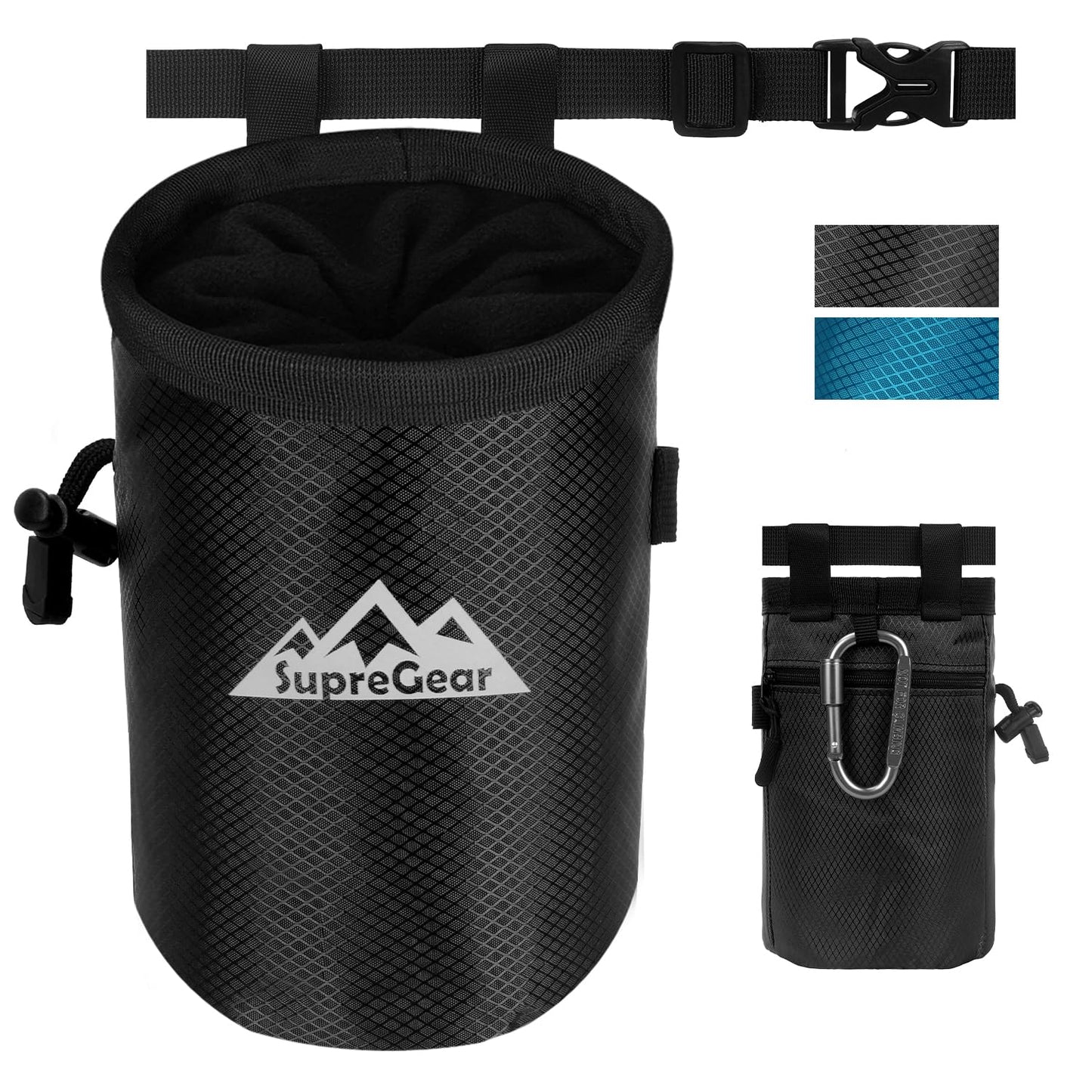 supregear Chalk Bag for Rock Climbing, Large Zipper Pocket with Brush Holder, Drawstring Closure, and Carabiner Clip, Ideal for Bouldering, Weightlifting, Gym, Black