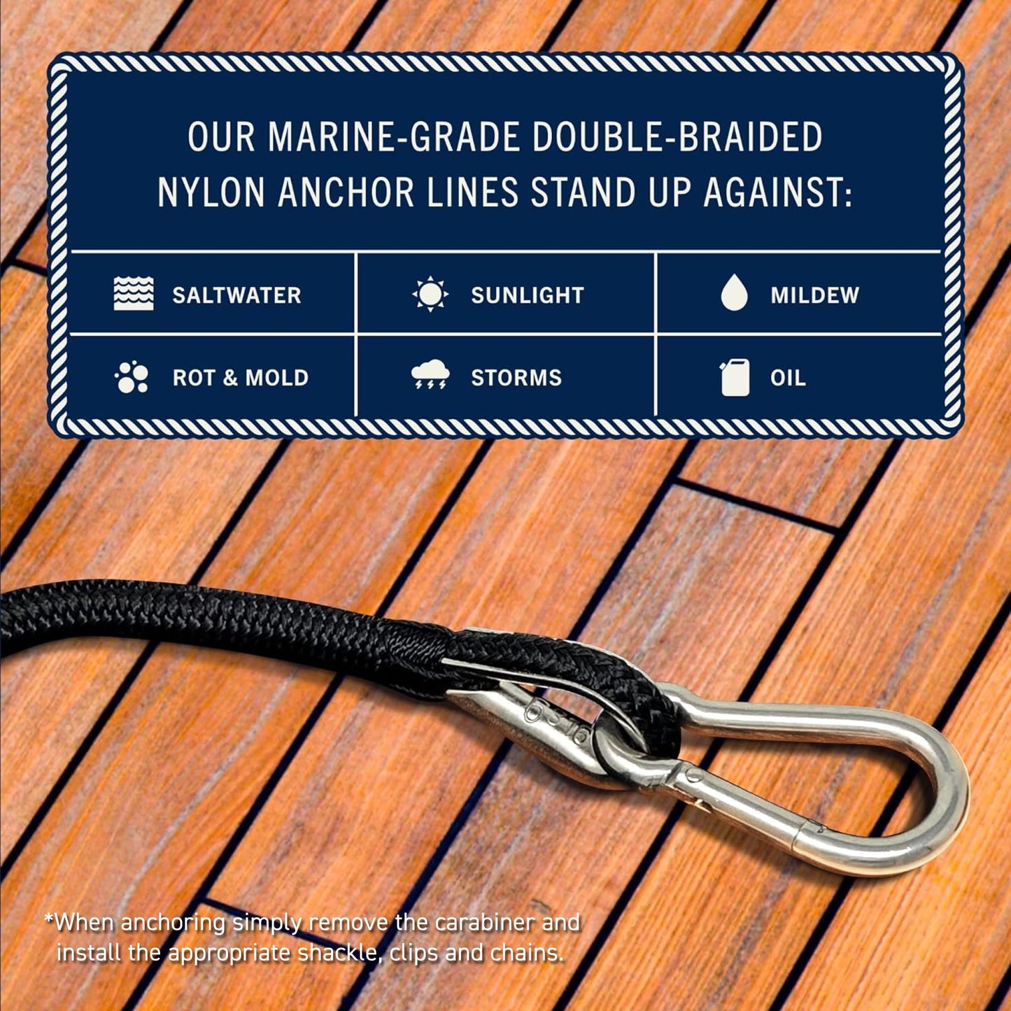 RainierSupplyCo Boat Anchor Rope - Double Braided Marine Rope Anchor Line - 100 ft x 3/8 Inch Nylon Boating Line with 316 Stainless Steel Thimble and Heavy Duty Marine Grade Bow Shackle - Black