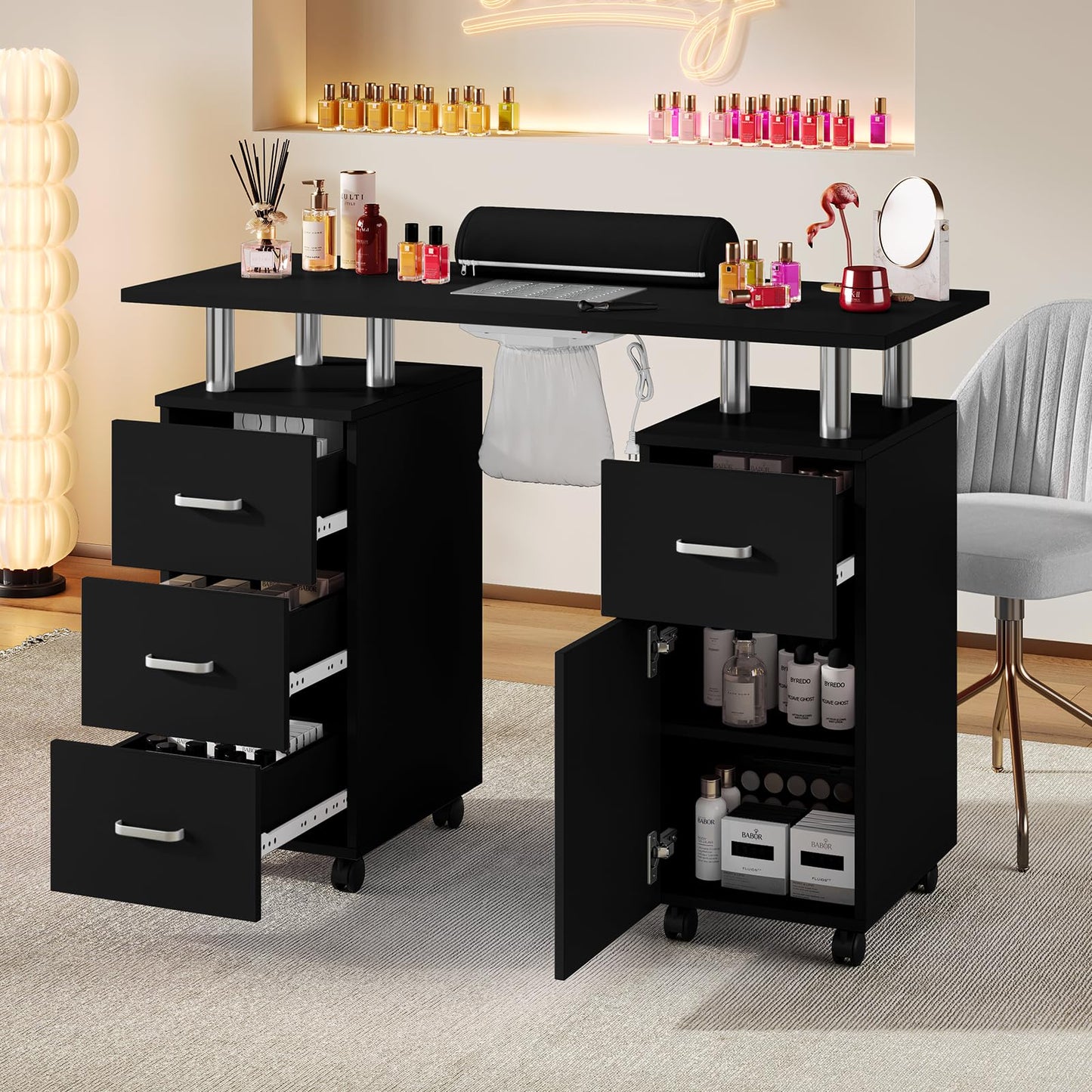PeacefulHues Manicure Table for Nail Tech, Nail Desk Table Station with Electric Dust Collector Side Cabinet 4 Drawers and Wrist Rest, Beauty Salon Nail Supplies Decor Workstation, Black