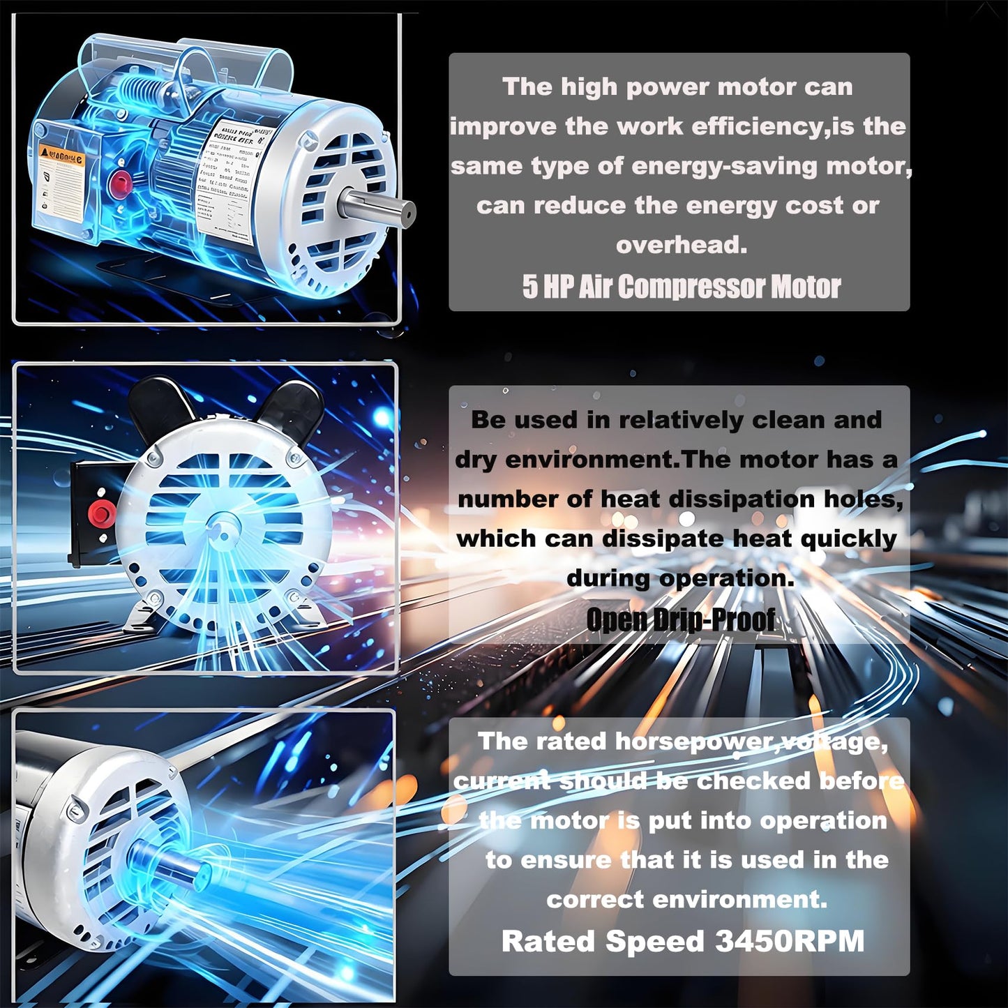 Kunray 5HP Air Compressor Electric Motor, 230V 25 Amps, 56HZ Frame 3450RPM, 7/8" Keyed Shaft, 2.25" Shaft Length, Single Phase, CCW/CW (Factory Setting is CCW)