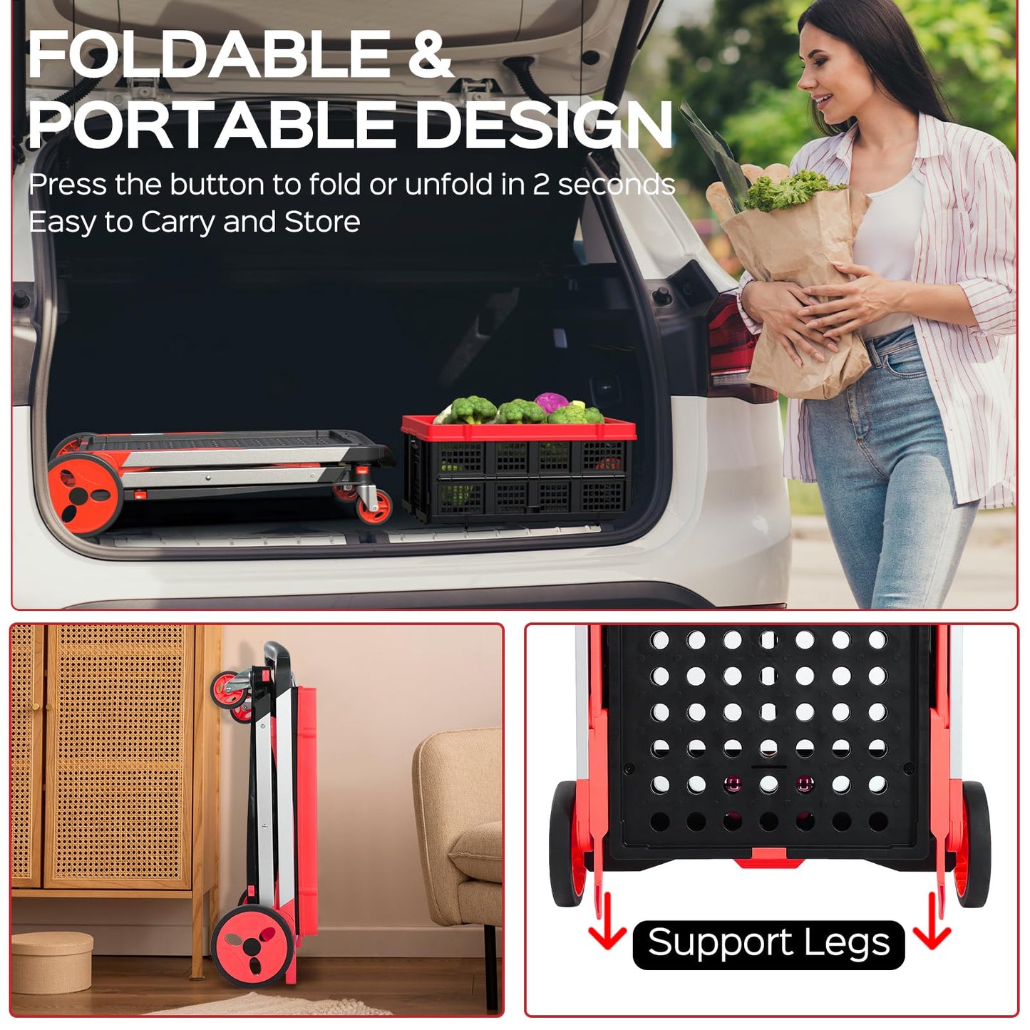 TOLRET Collapsible Shopping Cart with Wheels, 200 lbs Capacity Grocery Cart on Wheels with Storage Crate, Platform Hand Truck with Foot Brake, Red