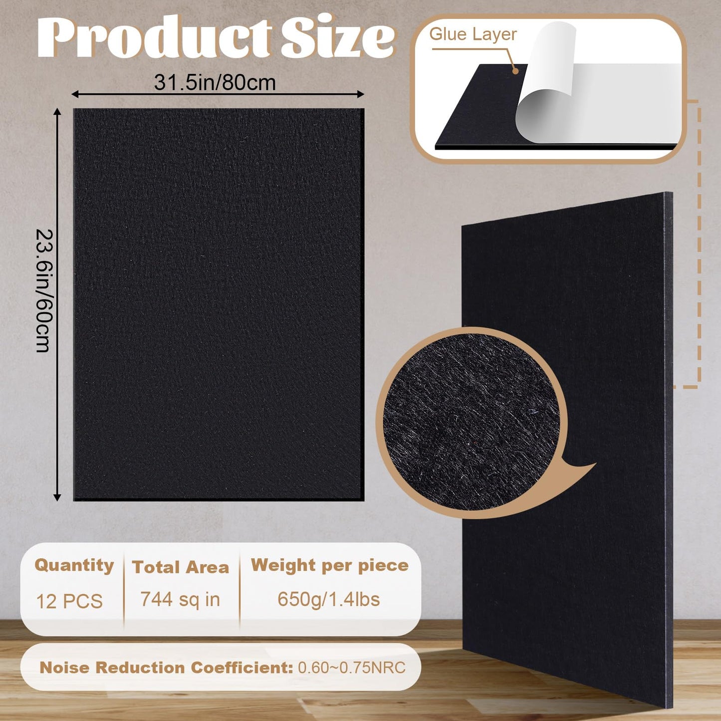 Pushglossy 12 Pcs Acoustic Wall Panels 31.5" x 23.6" Polyester Sound Absorbing Panels with Adhesive Backing, Sound Dampening Panel for Home Studio Office Gaming Room Home Theater(Black)