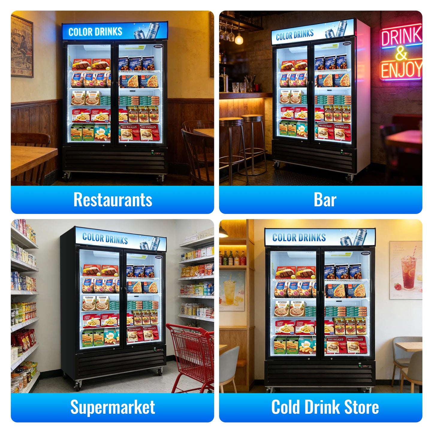 mikibama Glass Door Merchandiser Freezer, 44.7 Cu.ft Swing Door Commercial Reach-In Display Refrigerator with LED Top Panel Upright Freeze Storage, Double Cabinet, Black