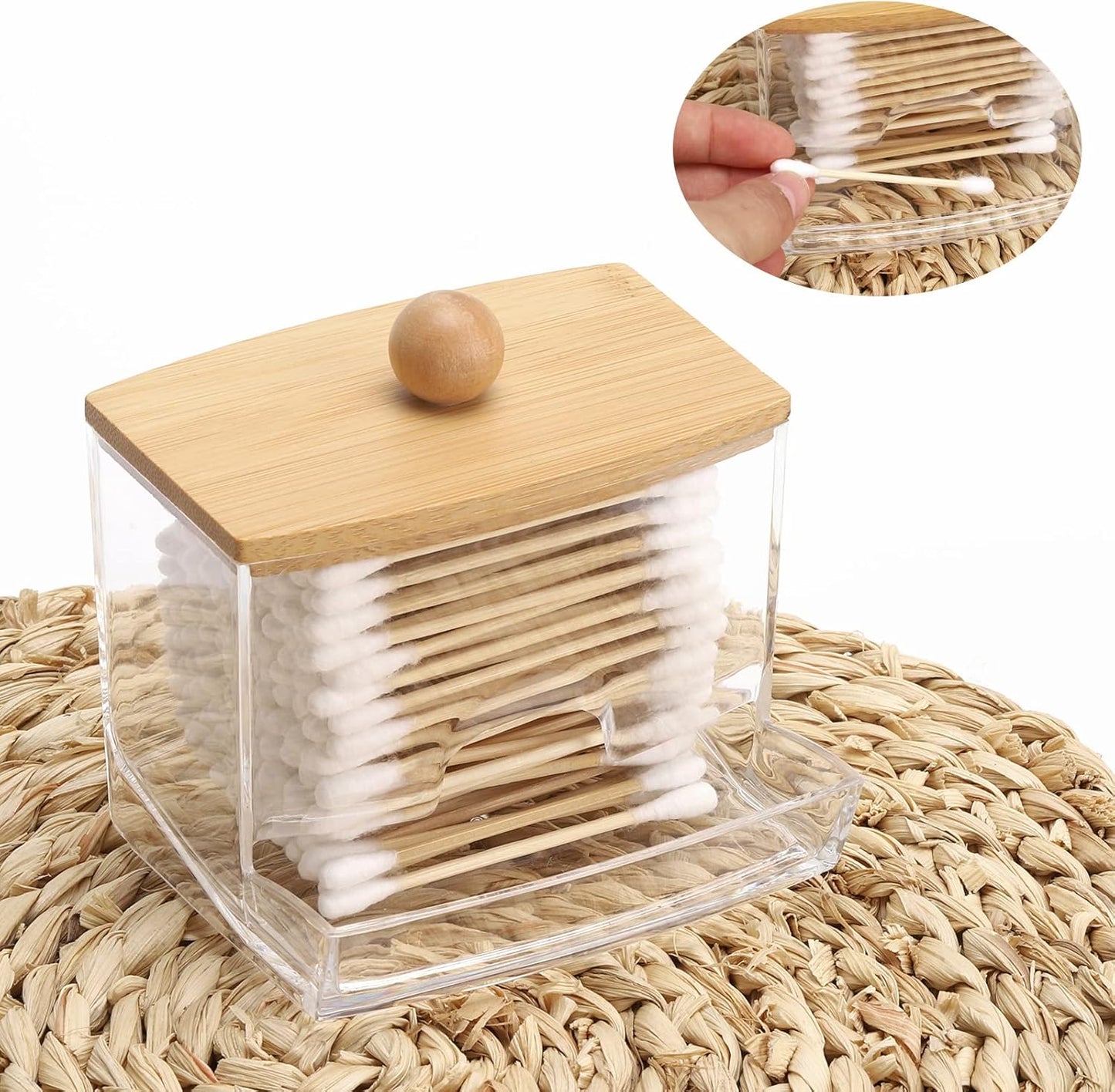 Tbestmax Qtip Holder Dispenser - 10oz Clear Bathroom Organizer with Bamboo Lids for Cotton Swabs & Accessories