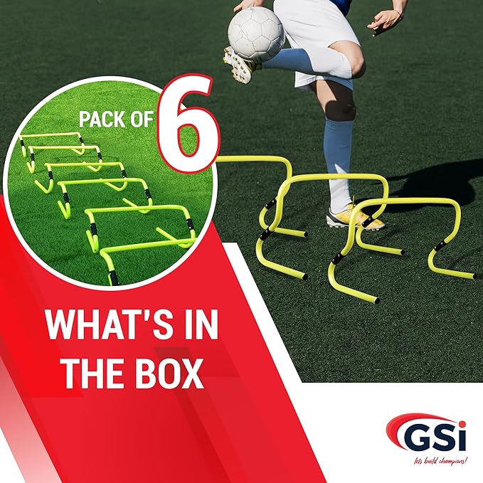 GSi Dual Height Agility Hurdle Pack of 6 – Adjustable 6" & 12" Training Hurdles for Sports, Fitness, and Agility Drills – Durable PVC Yellow Speed Hurdles for Soccer, Track, and Football Training
