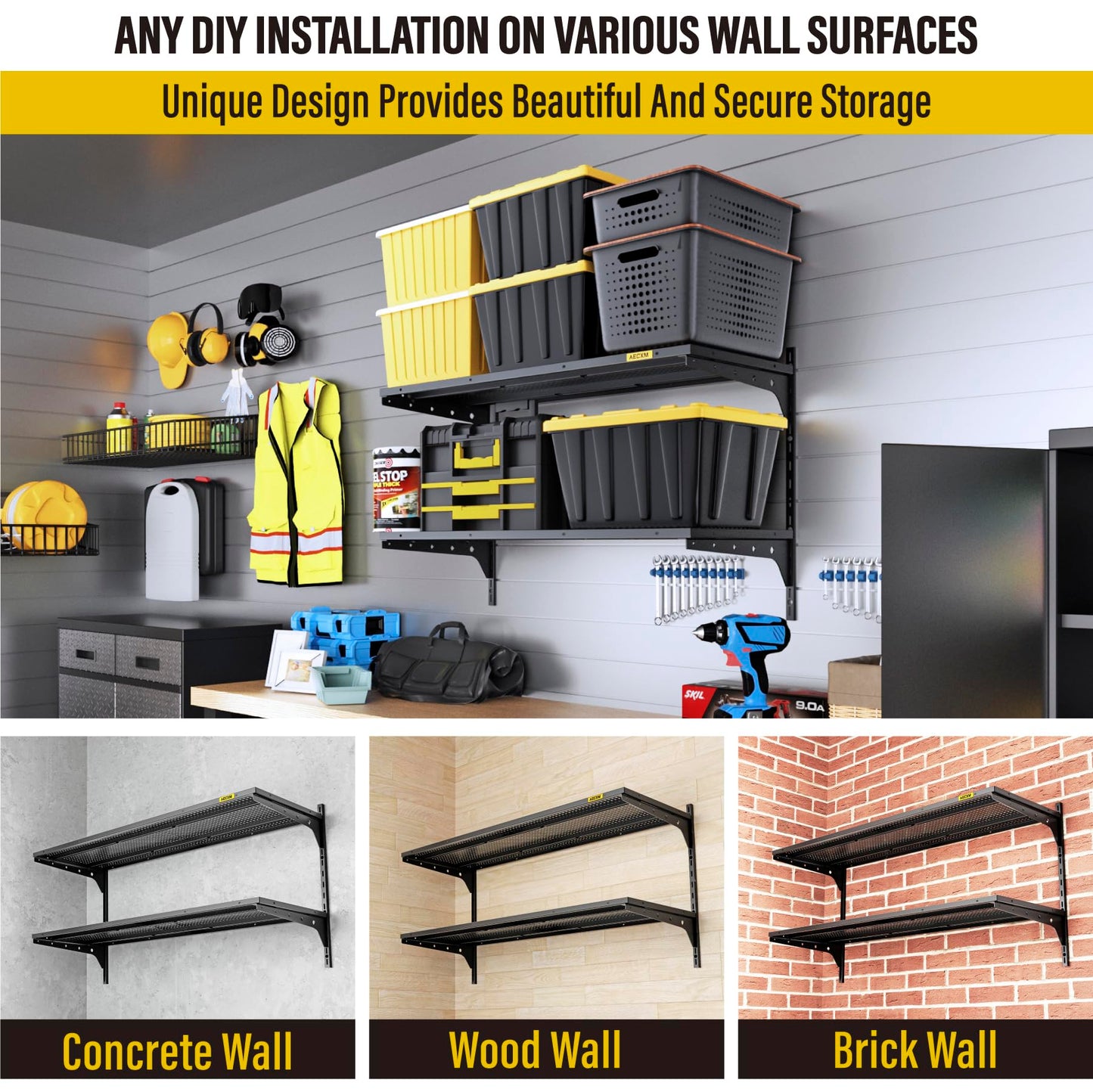 Aecxm 1pack×2 Tier 1.3x3ft Garage Shelving Wall Mounted, 400 lbs Load Capacity,15.6x36inch per Shelf Height Cassette Adjustable Floating Shelves, Black