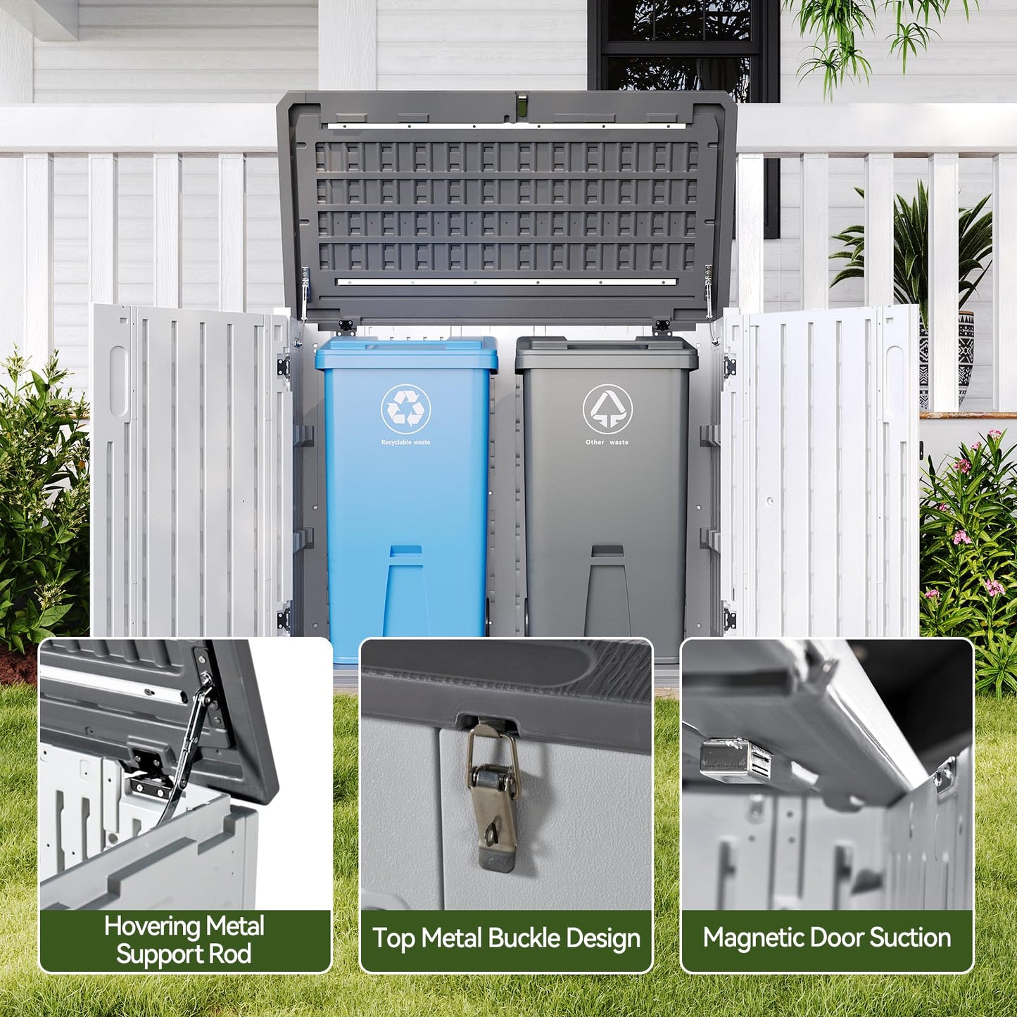 Aoxun Outdoor Storage Cabinet 35 Cu.Ft Resin Waterproof Horizontal Storage Shed for Garbage Bin, Generator, and Lawn Mower (White)