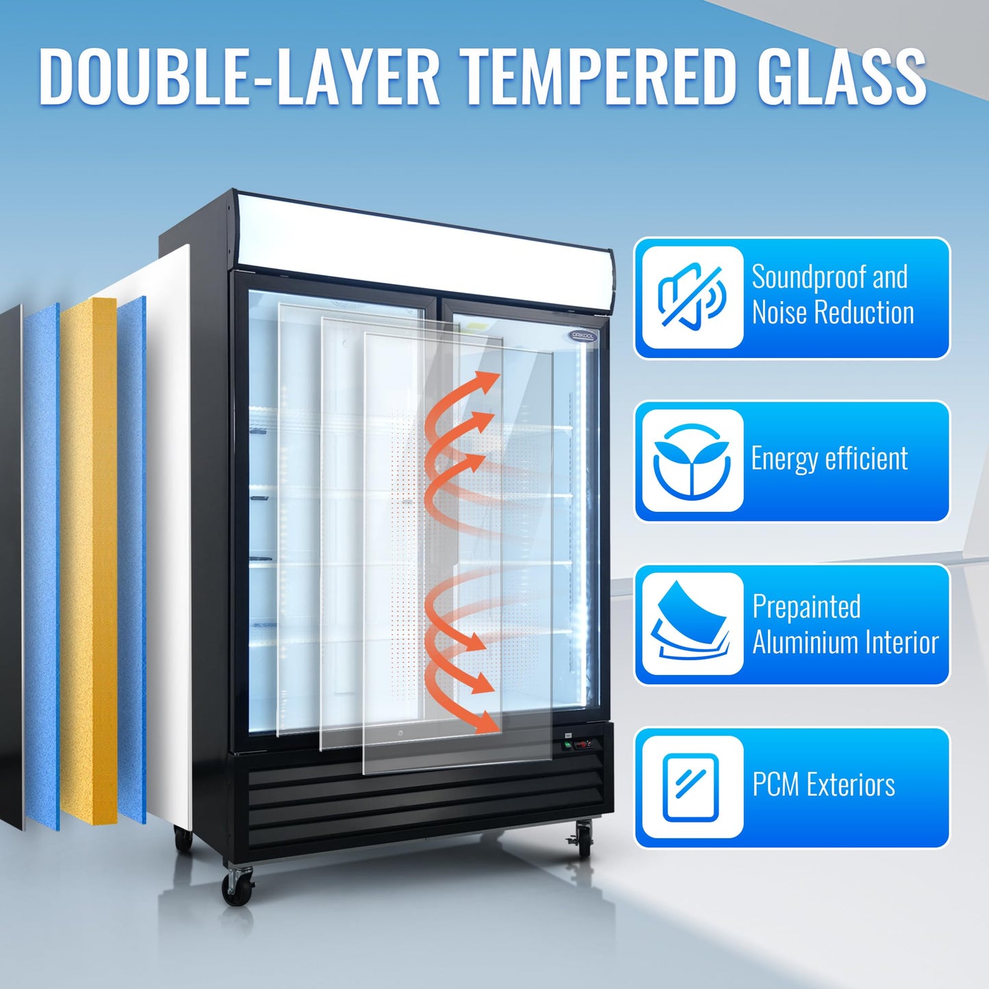 mikibama Glass Door Merchandiser Freezer, 44.7 Cu.ft Swing Door Commercial Reach-In Display Refrigerator with LED Top Panel Upright Freeze Storage, Double Cabinet, Black